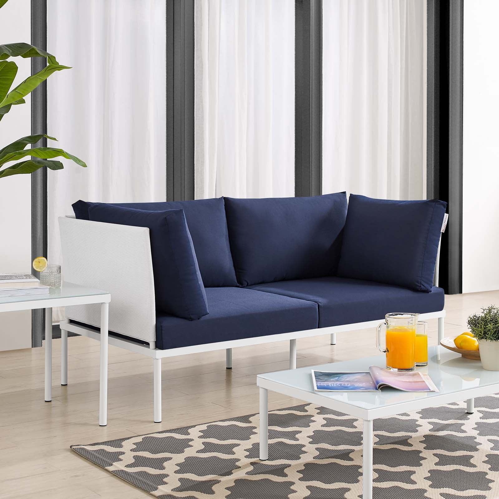 Modway Outdoor Sofas - Harmony Sunbrella Outdoor Patio Aluminum Loveseat White Navy
