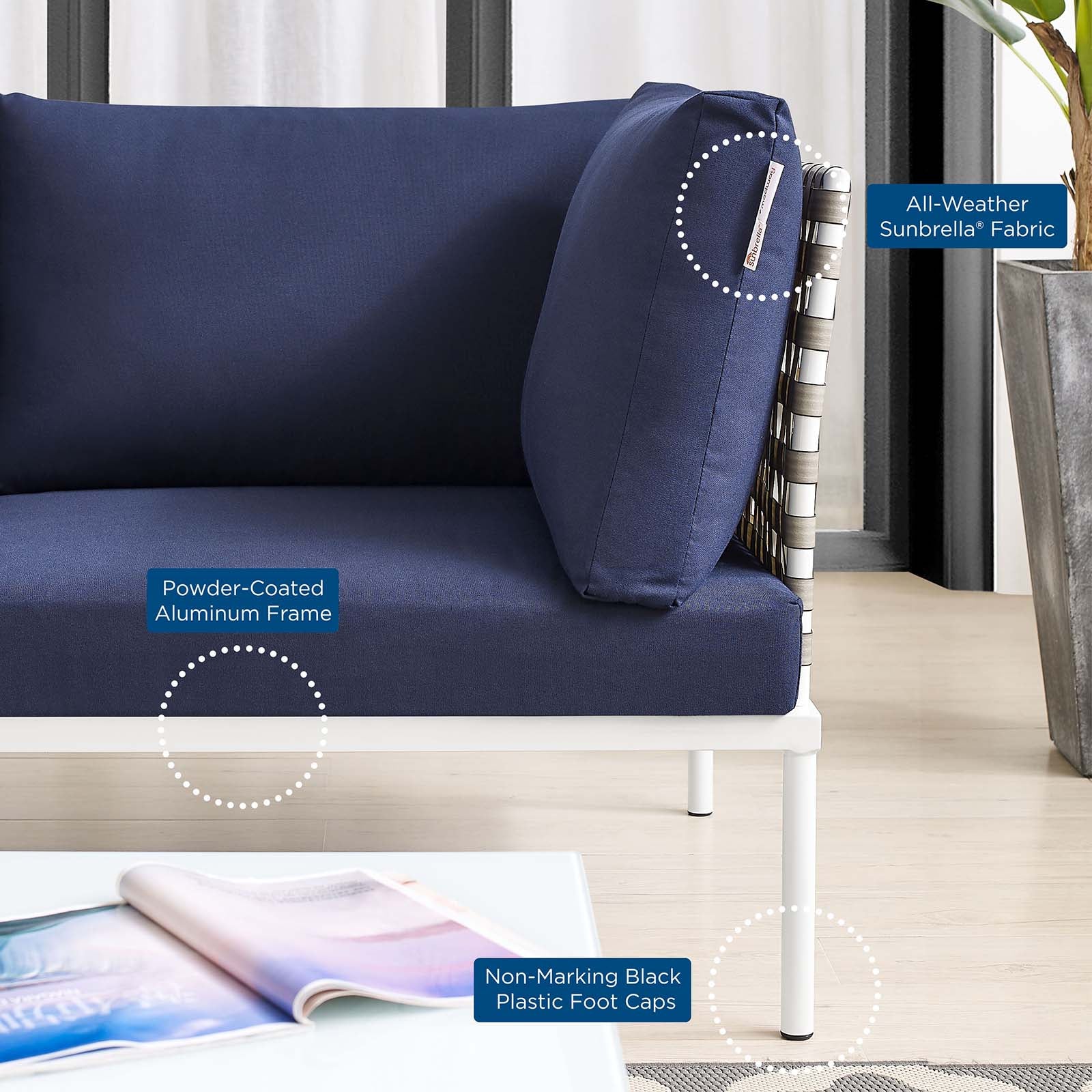 Modway Outdoor Sofas - Harmony Sunbrella Basket Weave Outdoor Patio Aluminum Sofa Tan Navy