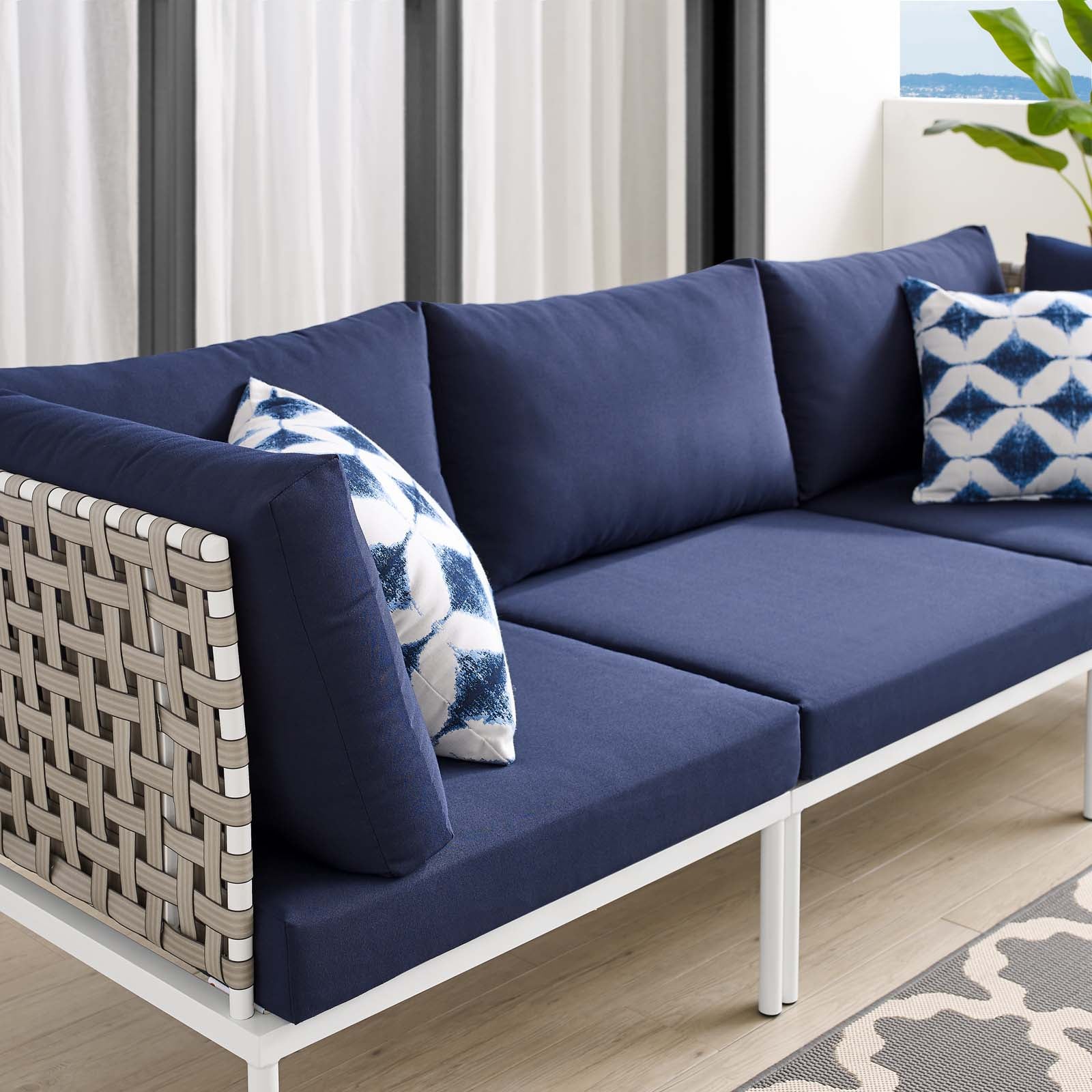Modway Outdoor Sofas - Harmony Sunbrella Basket Weave Outdoor Patio Aluminum Sofa Tan Navy