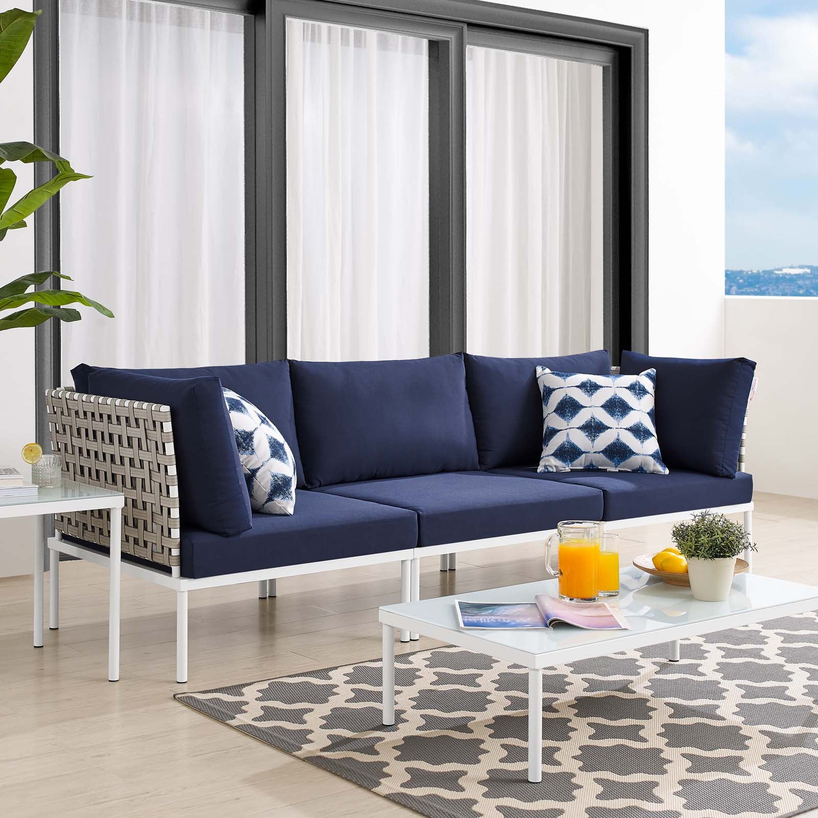 Modway Outdoor Sofas - Harmony Sunbrella Basket Weave Outdoor Patio Aluminum Sofa Tan Navy