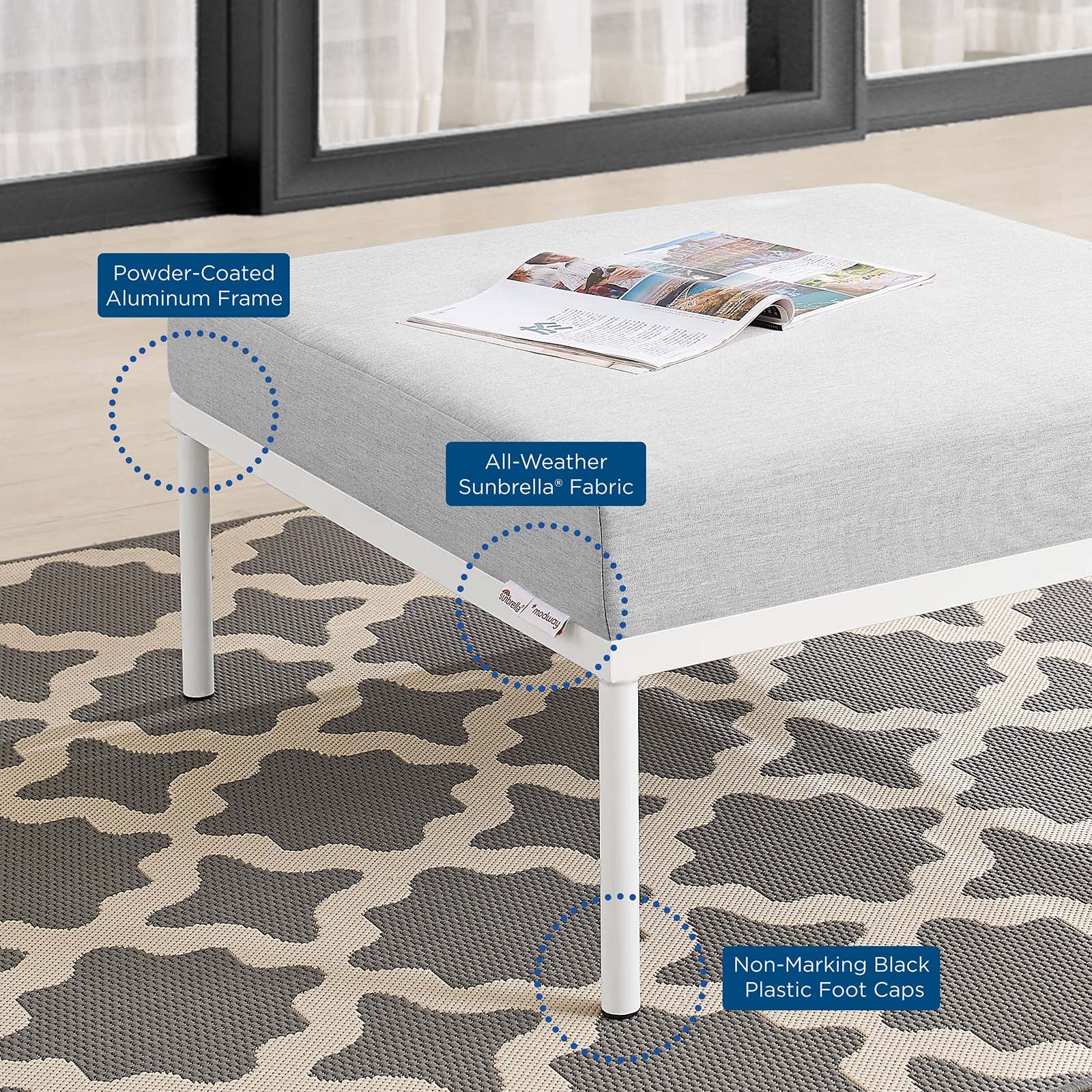 Modway Outdoor Ottomans - Harmony Sunbrella Outdoor Patio Aluminum Ottoman Gray