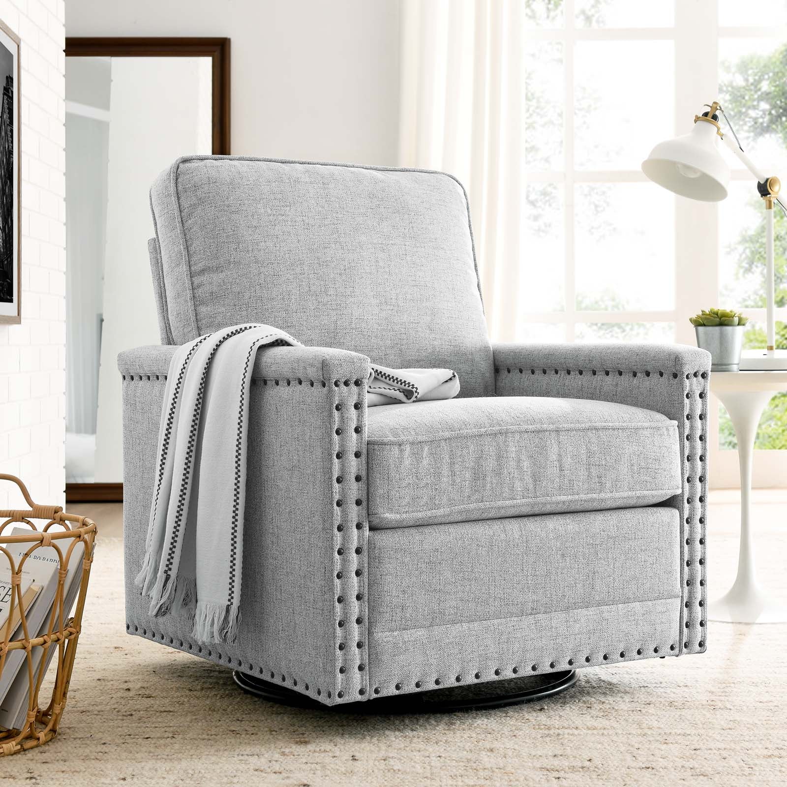 Modway Accent Chairs - Ashton Upholstered Fabric Swivel Chair Light Gray