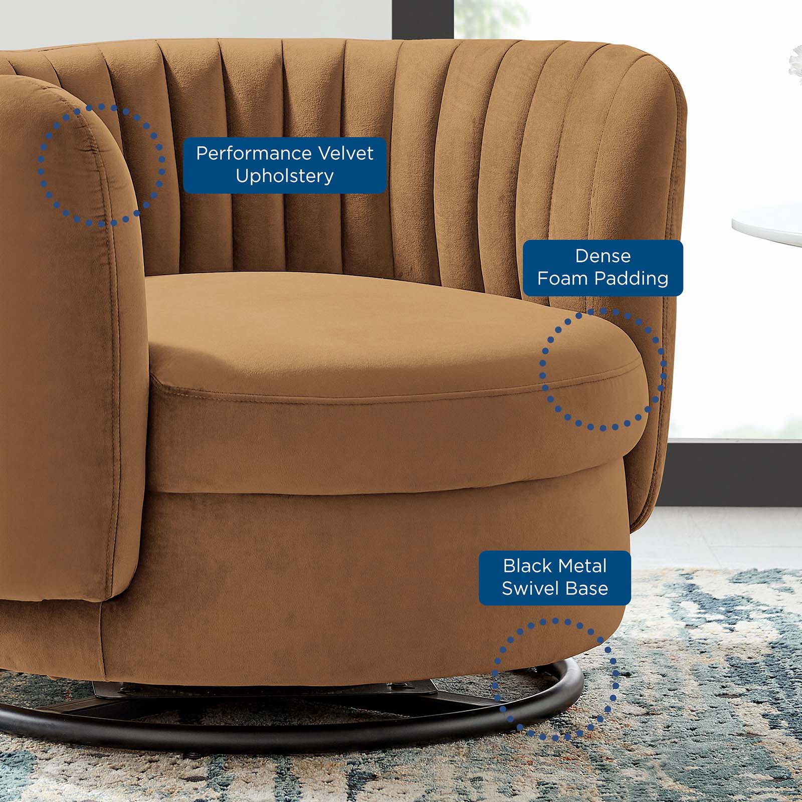 Embrace Tufted Performance Velvet Performance Velvet Swivel Chair Black Cognac