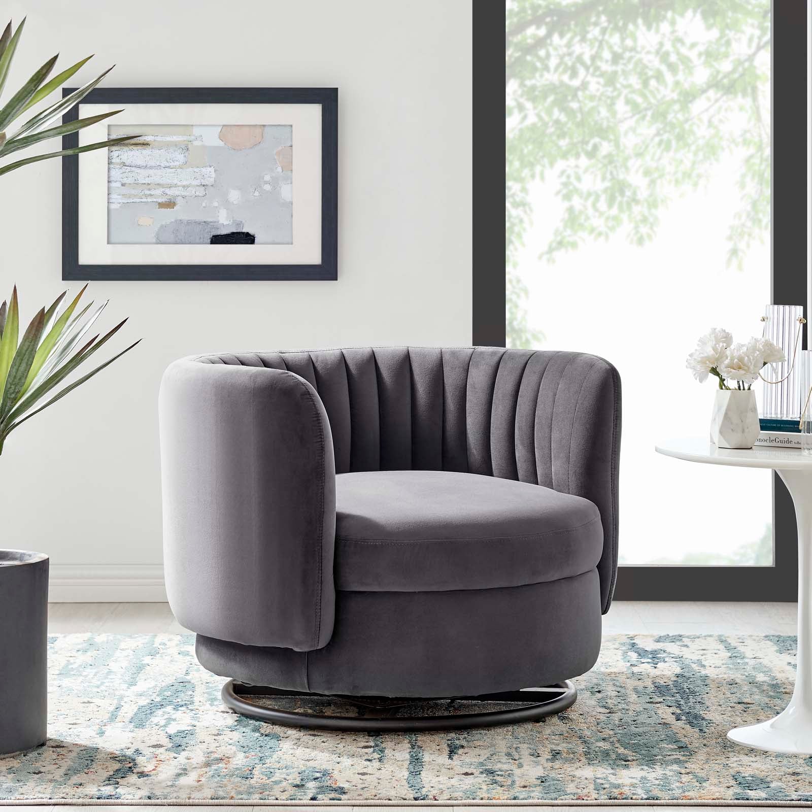 Modway Accent Chairs - Embrace Tufted Performance Velvet Performance Velvet Swivel Chair Black Gray