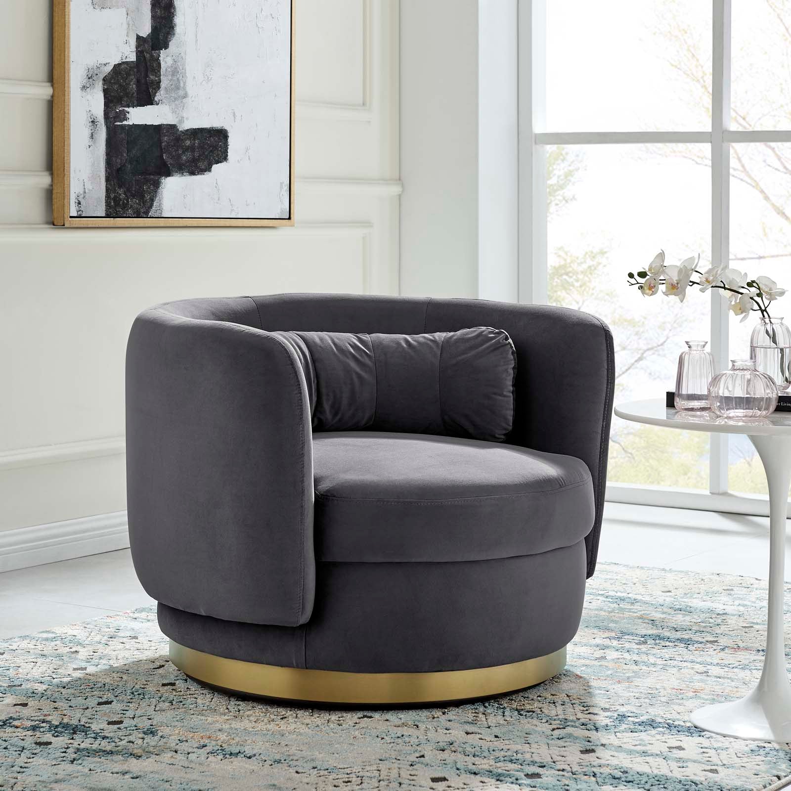 Modway Accent Chairs - Relish Performance Velvet Performance Velvet Swivel Chair Gold Gray