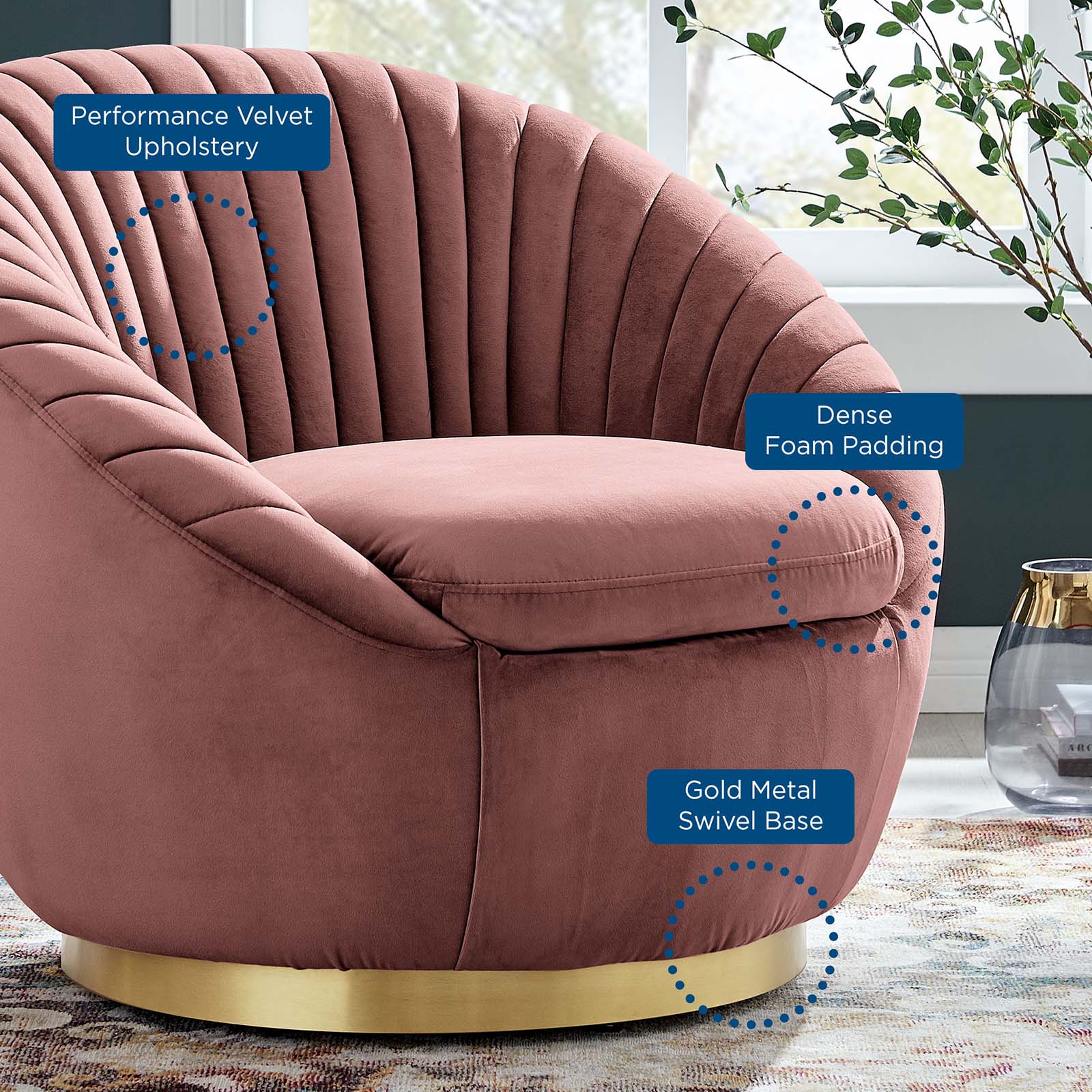 Modway Accent Chairs - Whirr Tufted Performance Velvet Performance Velvet Swivel Chair Gold Dusty Rose