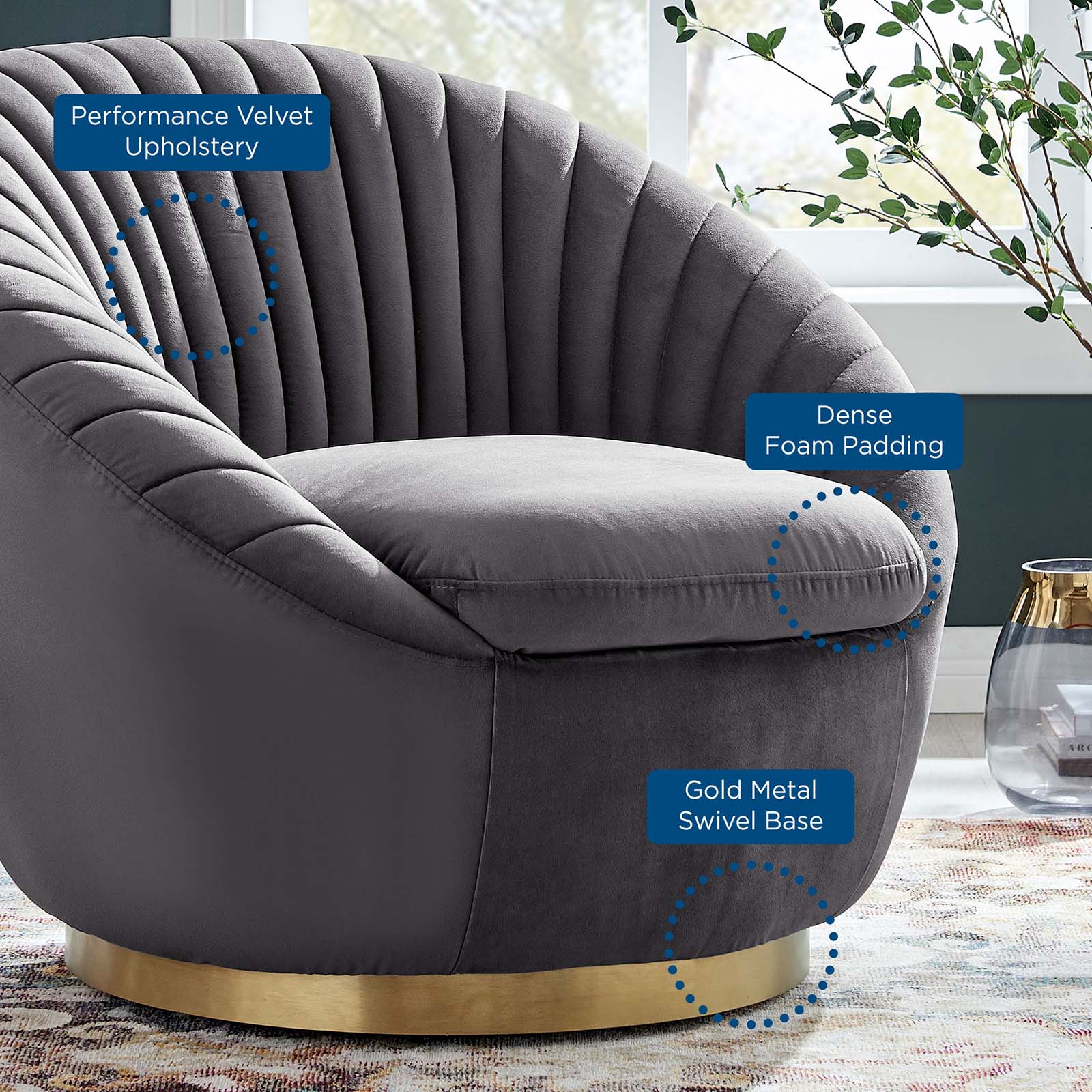 Modway Accent Chairs - Whirr Tufted Performance Velvet Performance Velvet Swivel Chair Gold Gray