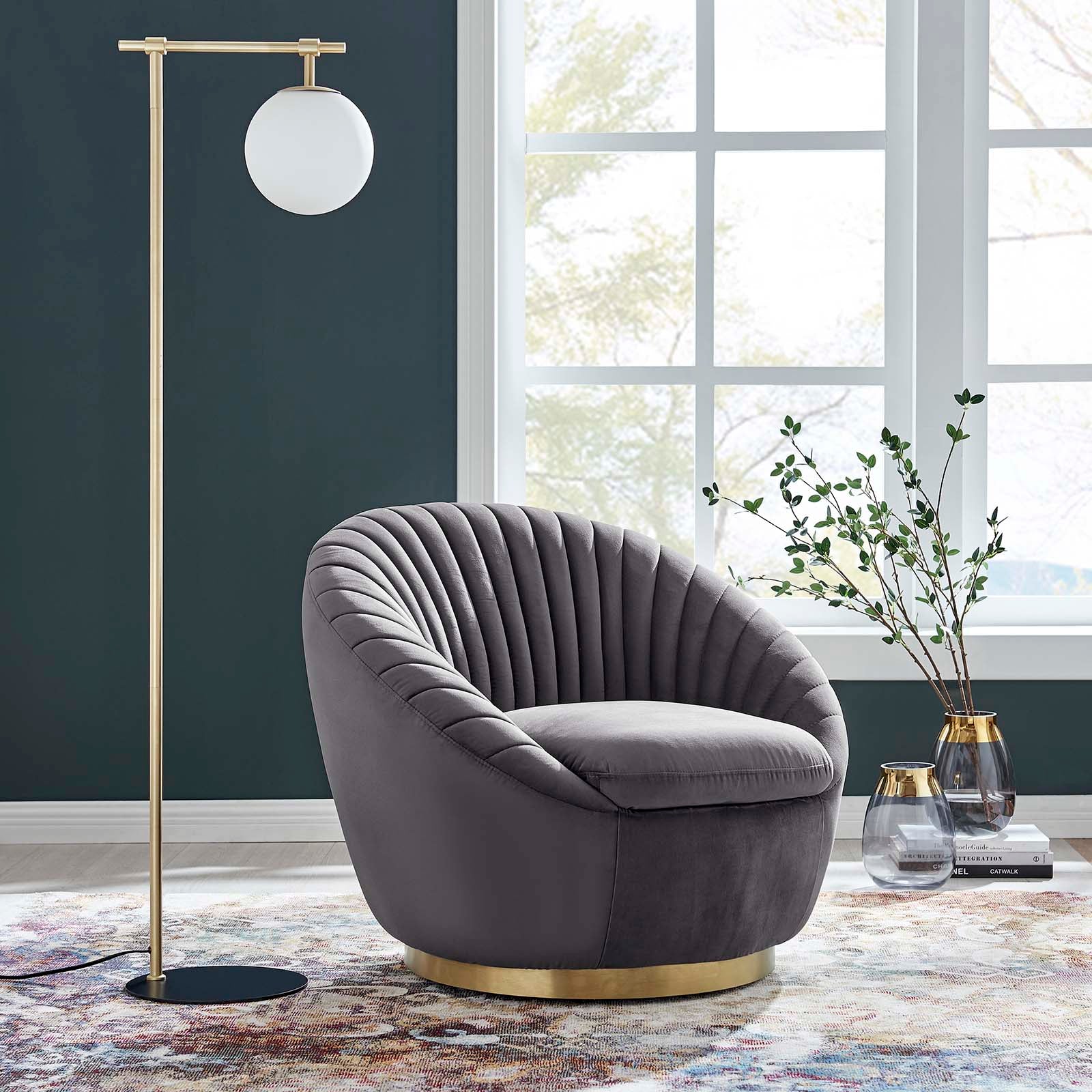 Modway Accent Chairs - Whirr Tufted Performance Velvet Performance Velvet Swivel Chair Gold Gray