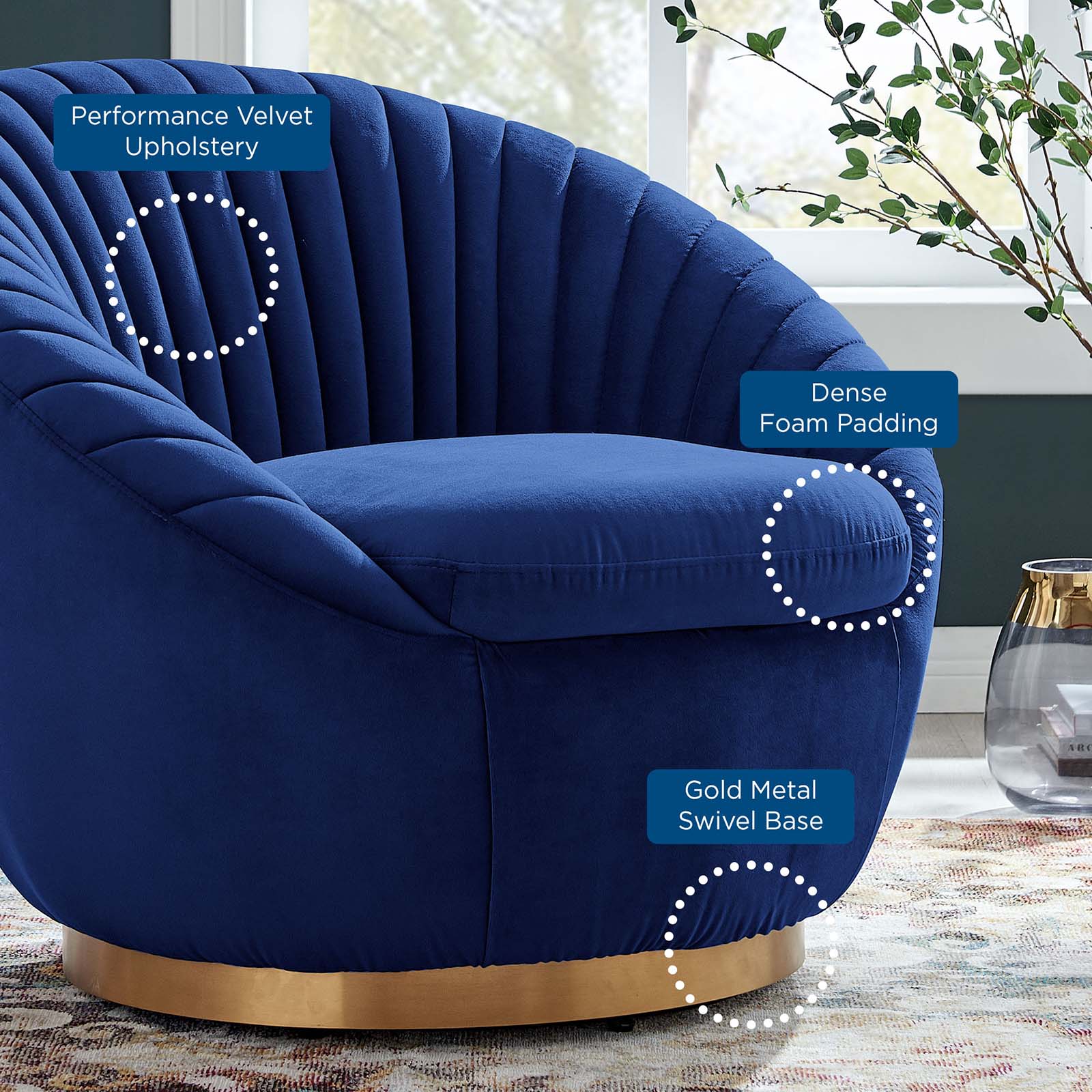 Modway Accent Chairs - Whirr Tufted Performance Velvet Performance Velvet Swivel Chair Gold Navy
