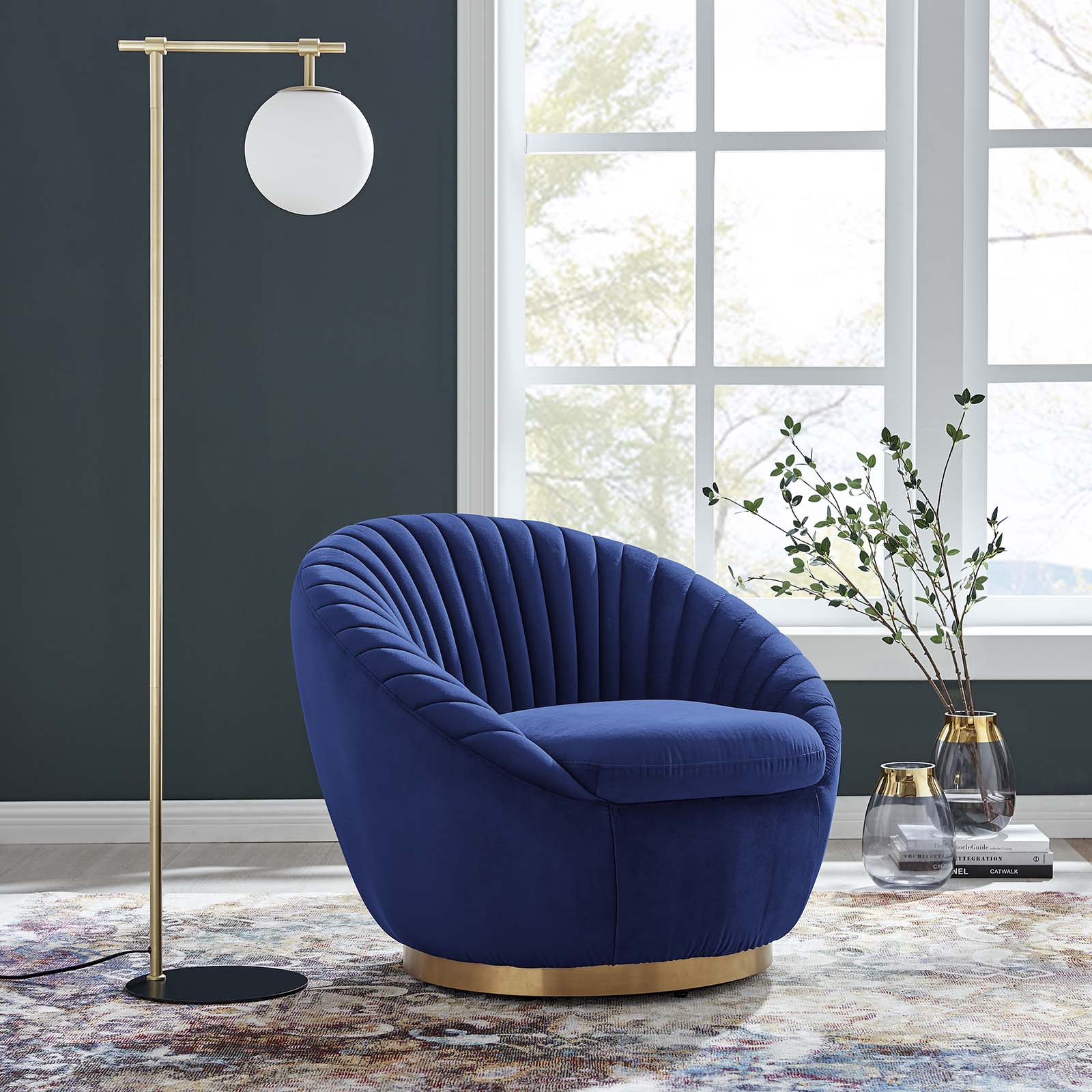 Modway Accent Chairs - Whirr Tufted Performance Velvet Performance Velvet Swivel Chair Gold Navy