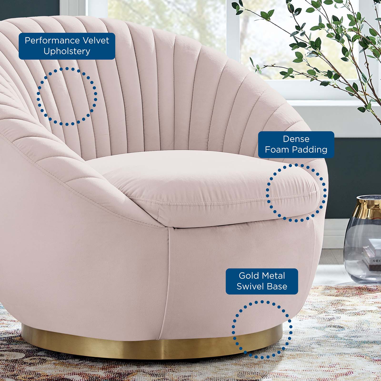Modway Accent Chairs - Whirr Tufted Performance Velvet Performance Velvet Swivel Chair Gold Pink