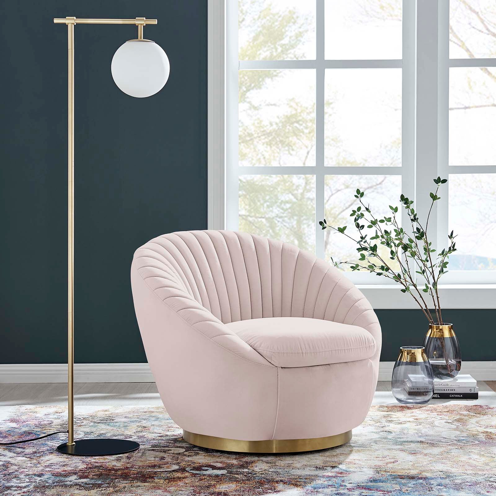 Modway Accent Chairs - Whirr Tufted Performance Velvet Performance Velvet Swivel Chair Gold Pink