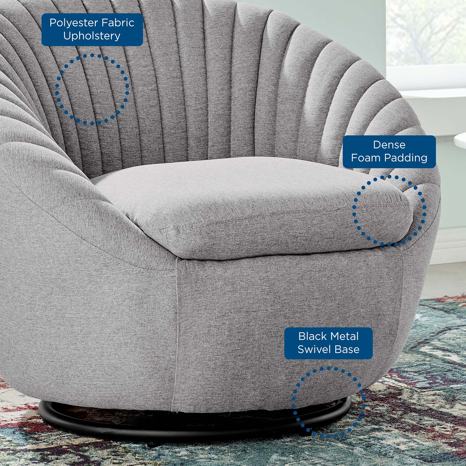 Modway Accent Chairs - Whirr Tufted Fabric Fabric Swivel Chair Black Light Gray