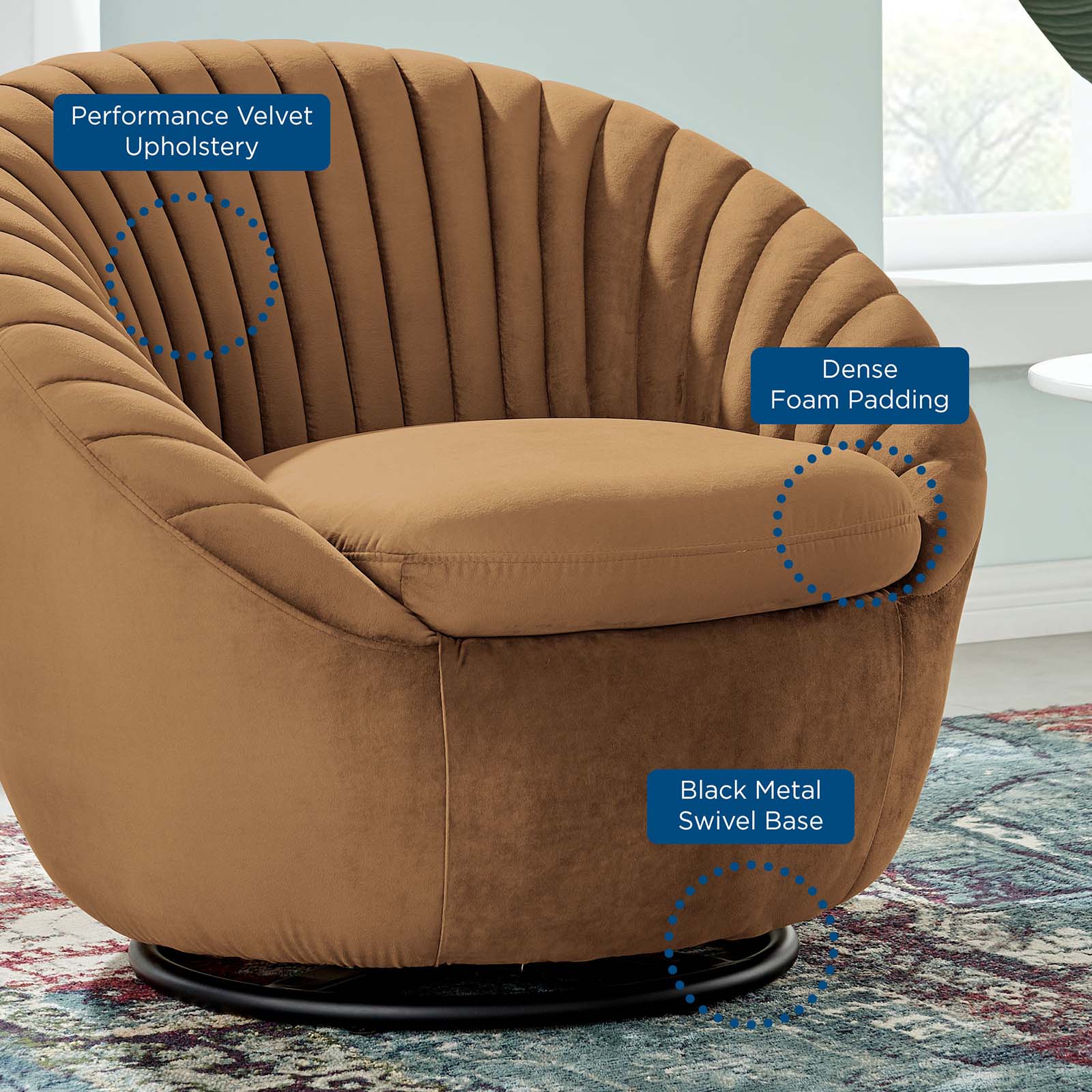 Modway Accent Chairs - Whirr Tufted Performance Velvet Performance Velvet Swivel Chair Black Cognac
