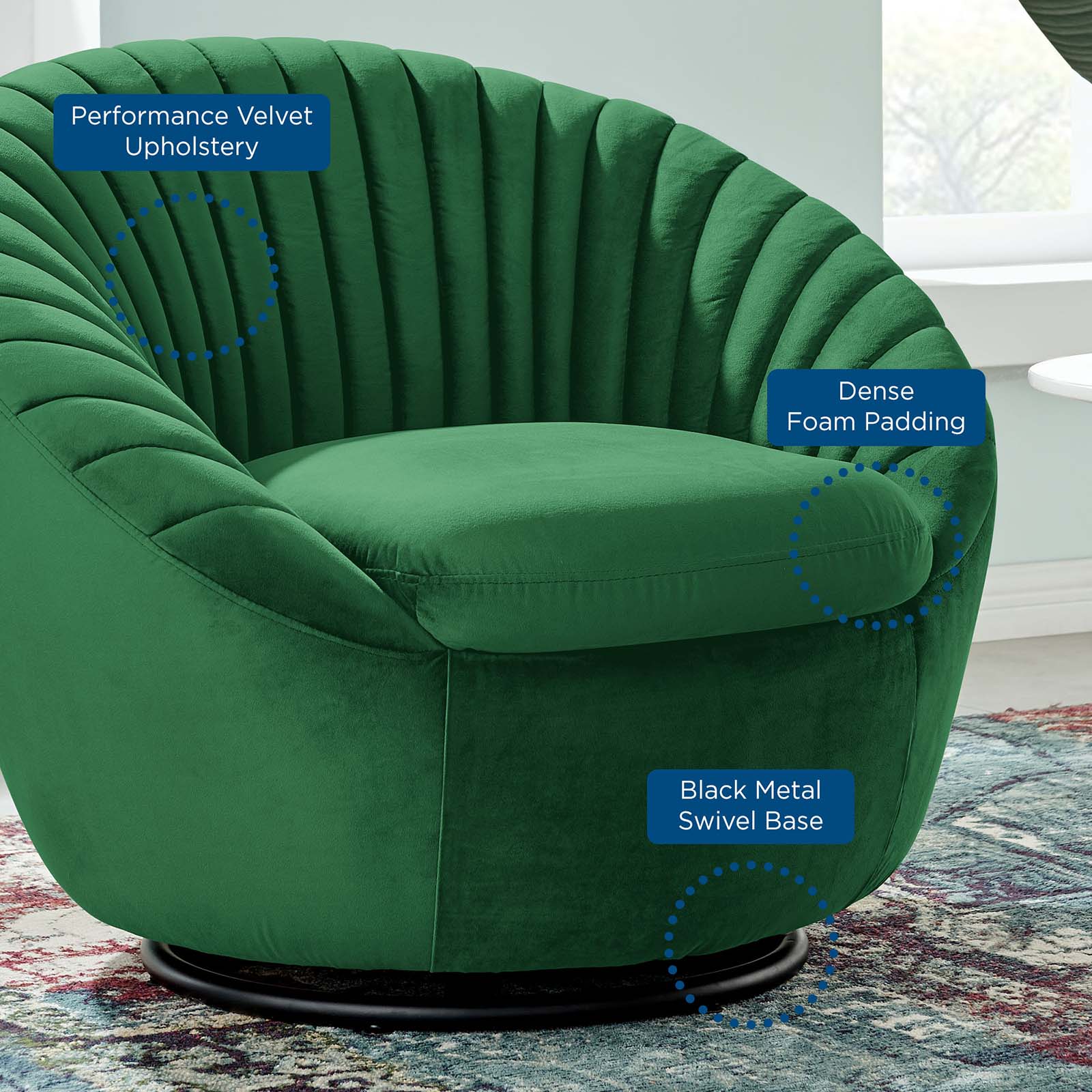 Modway Accent Chairs - Whirr Tufted Performance Velvet Performance Velvet Swivel Chair Black Emerald