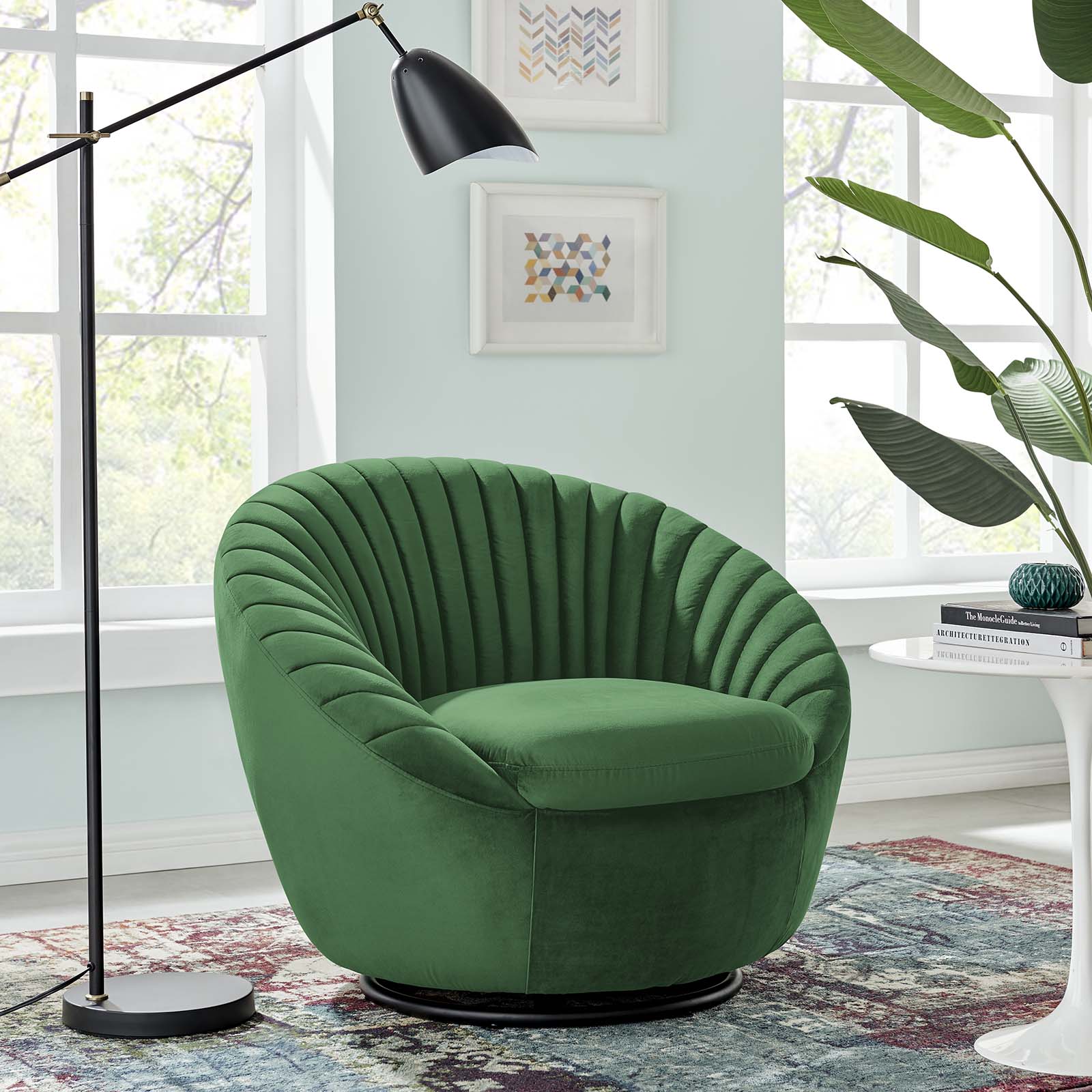 Modway Accent Chairs - Whirr Tufted Performance Velvet Performance Velvet Swivel Chair Black Emerald
