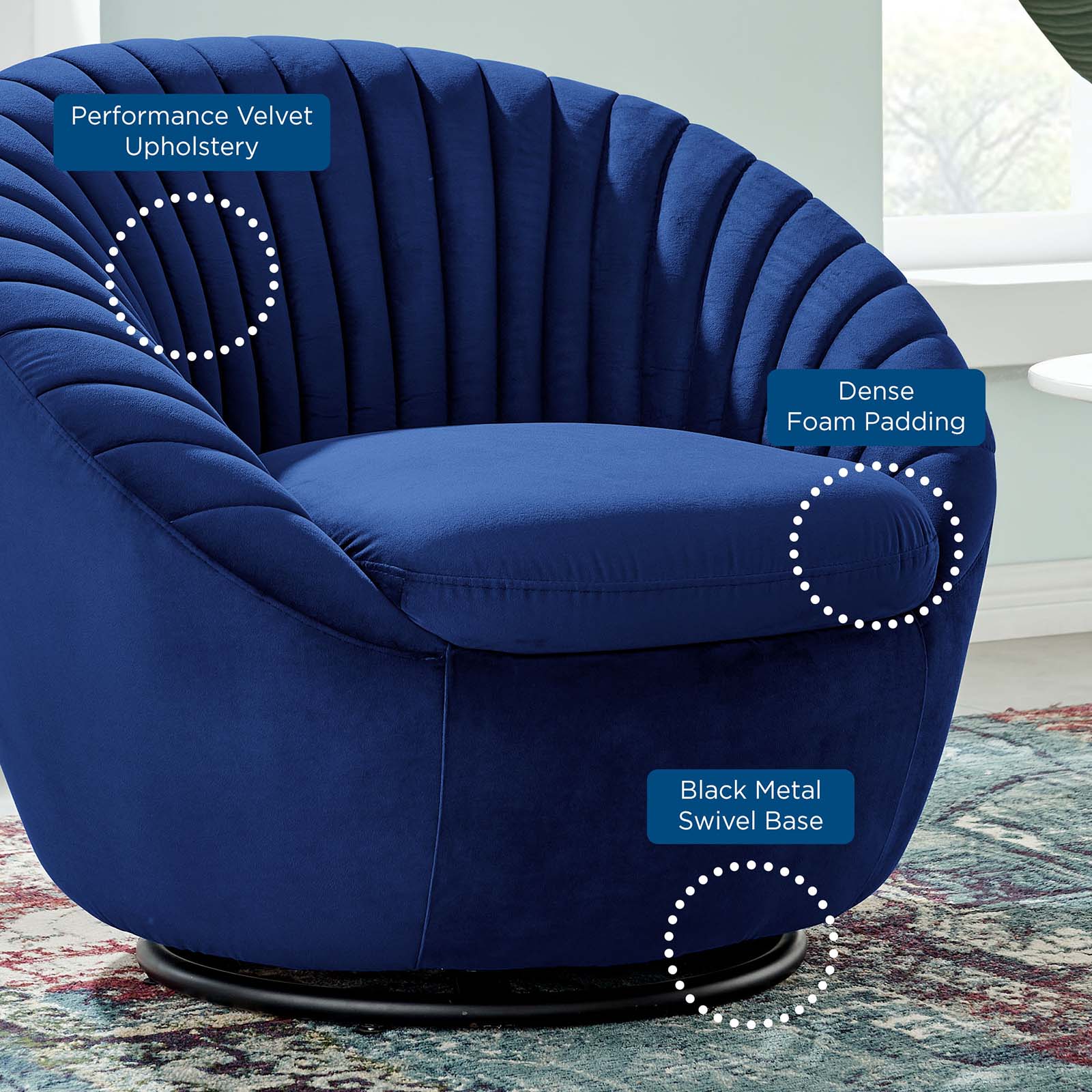 Modway Accent Chairs - Whirr Tufted Performance Velvet Performance Velvet Swivel Chair Black Navy