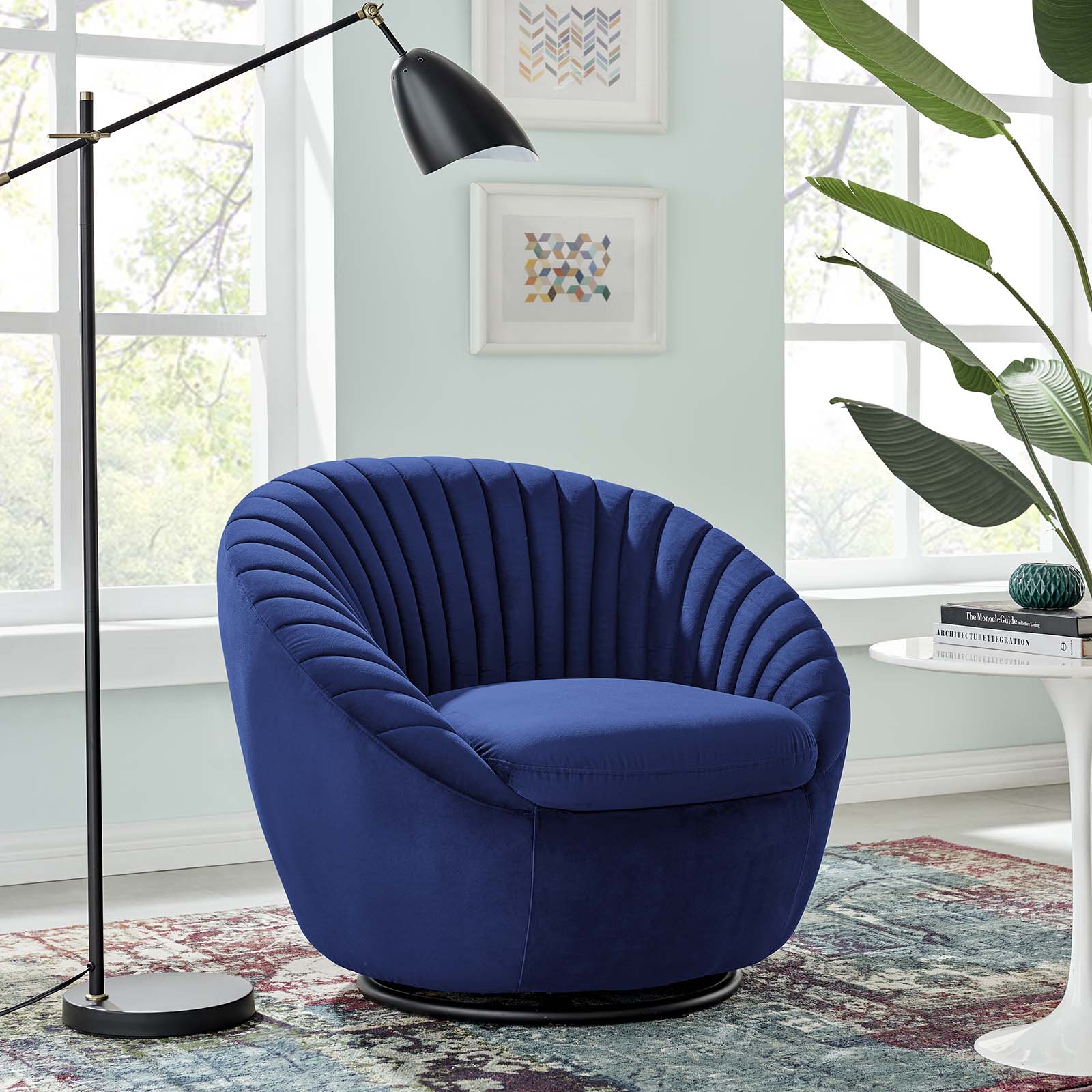 Modway Accent Chairs - Whirr Tufted Performance Velvet Performance Velvet Swivel Chair Black Navy