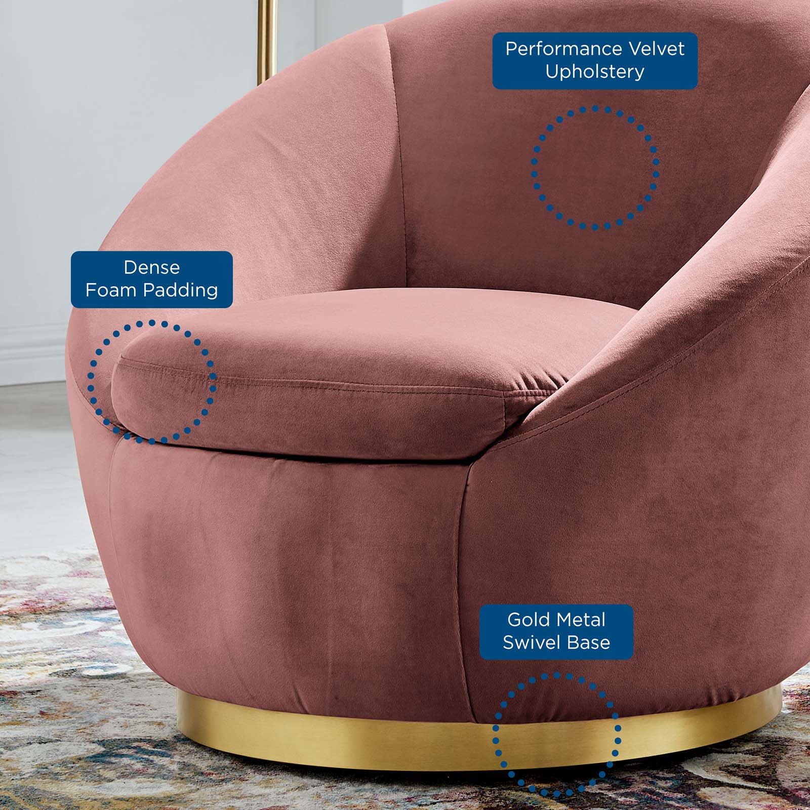 Modway Accent Chairs - Buttercup Performance Velvet Performance Velvet Swivel Chair Gold Dusty Rose