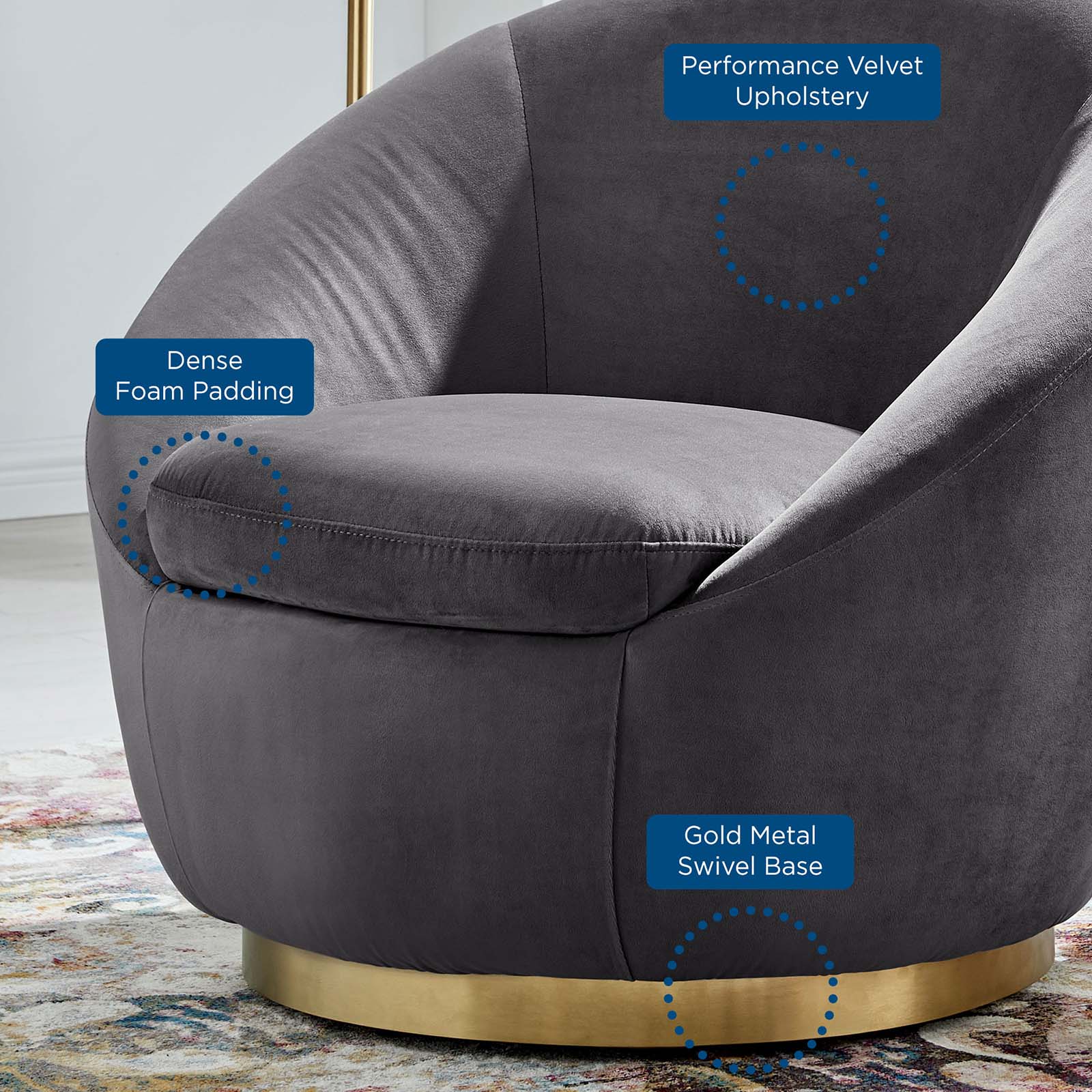 Modway Accent Chairs - Buttercup Performance Velvet Performance Velvet Swivel Chair Gold Gray