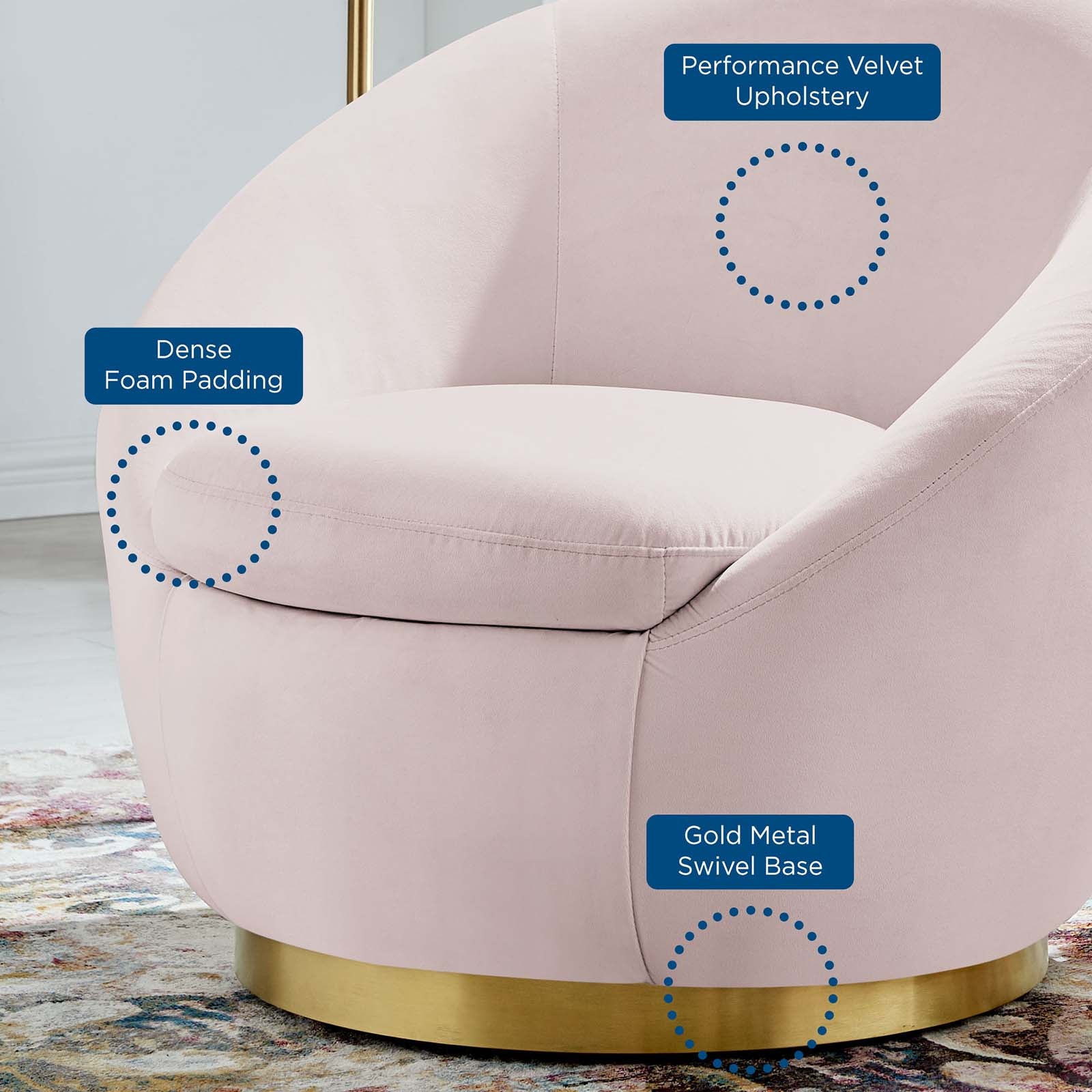 Modway Accent Chairs - Buttercup Performance Velvet Performance Velvet Swivel Chair Gold Pink