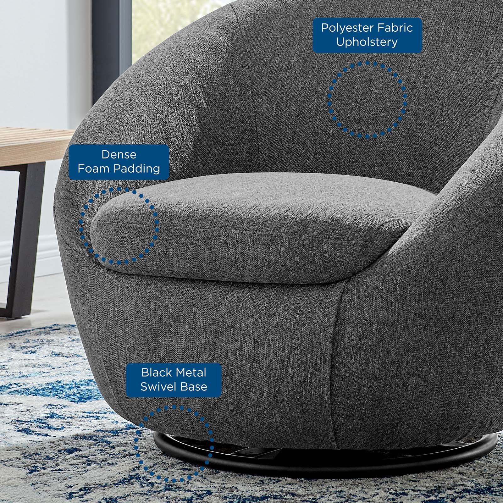Modway Accent Chairs - Buttercup Fabric Upholstered Upholstered Fabric Swivel Chair Black Charcoal