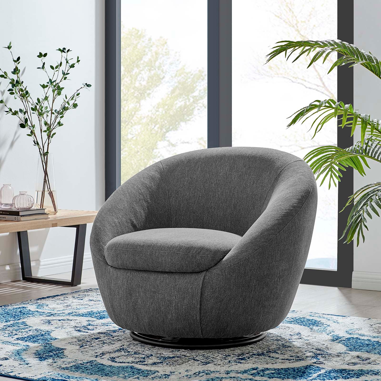 Modway Accent Chairs - Buttercup Fabric Upholstered Upholstered Fabric Swivel Chair Black Charcoal