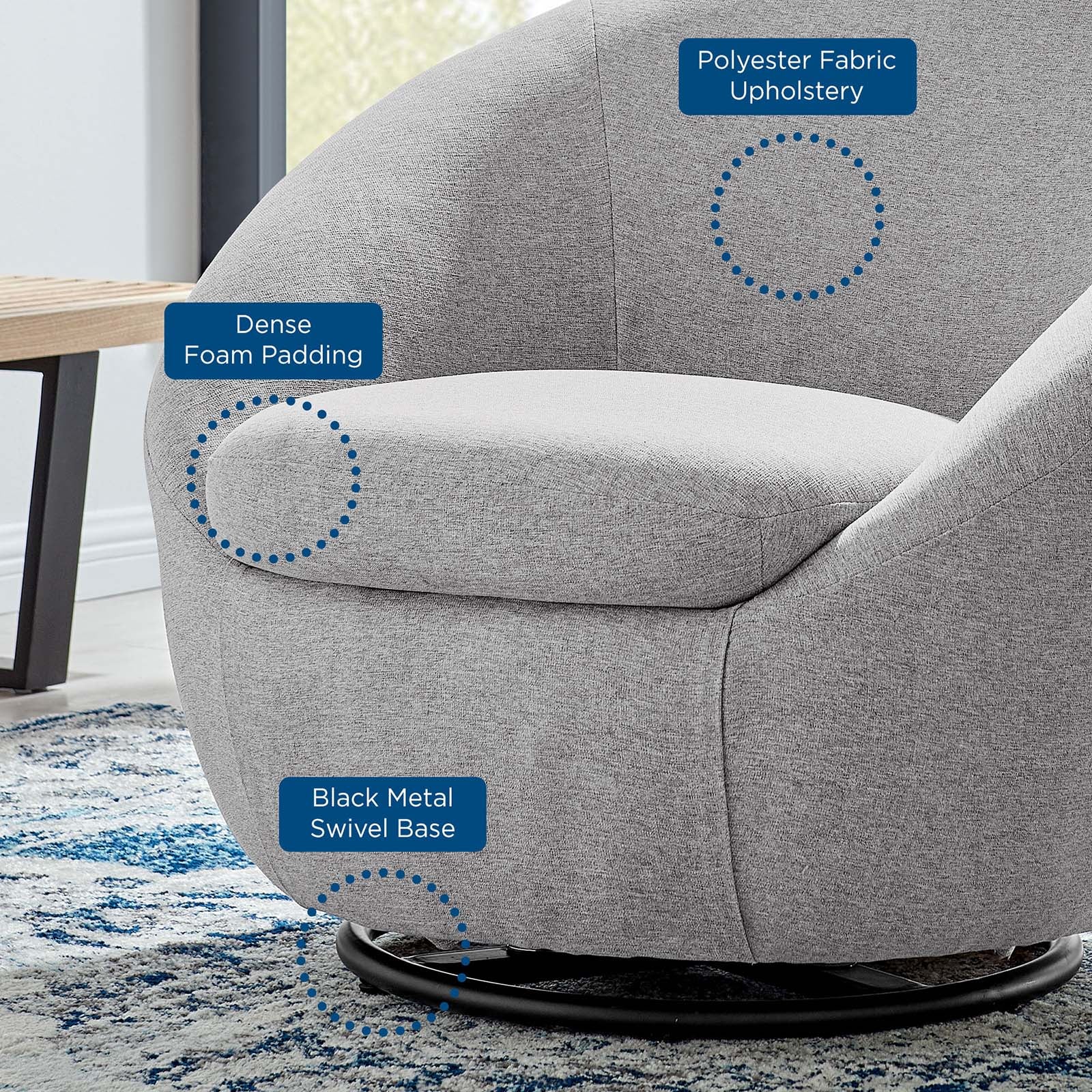 Modway Accent Chairs - Buttercup Fabric Upholstered Upholstered Fabric Swivel Chair Black Light Gray