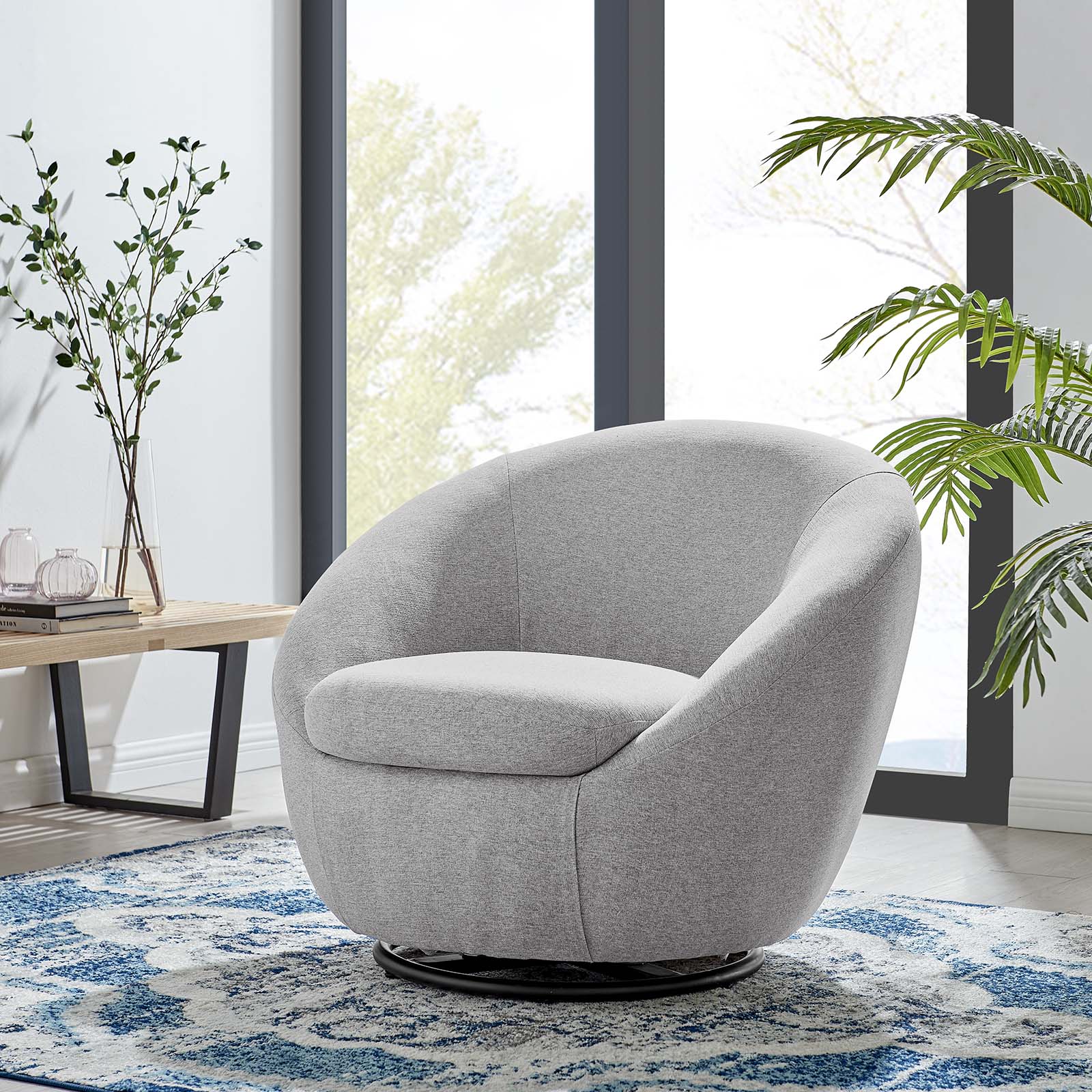 Modway Accent Chairs - Buttercup Fabric Upholstered Upholstered Fabric Swivel Chair Black Light Gray
