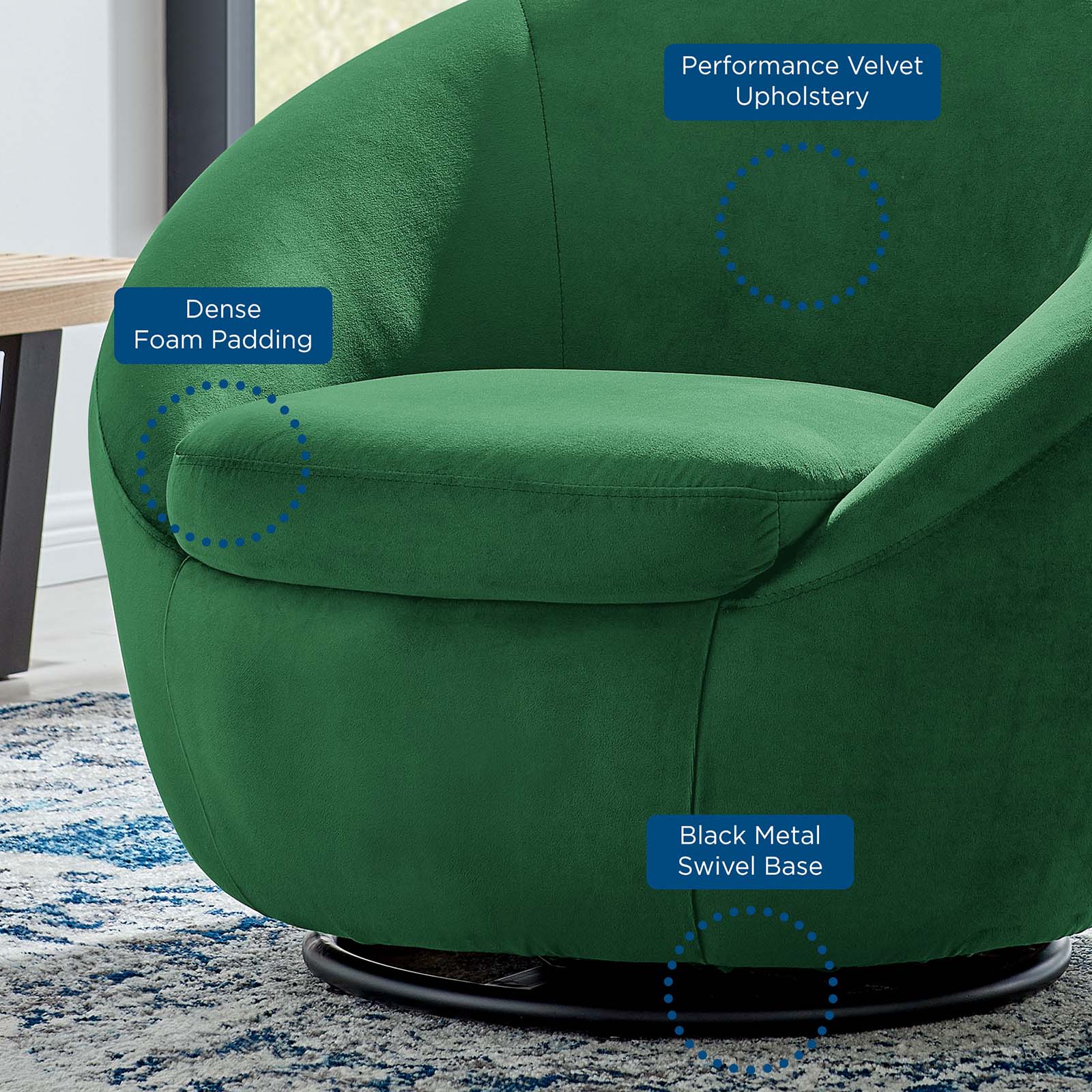 Modway Accent Chairs - Buttercup Performance Velvet Performance Velvet Swivel Chair Black Emerald