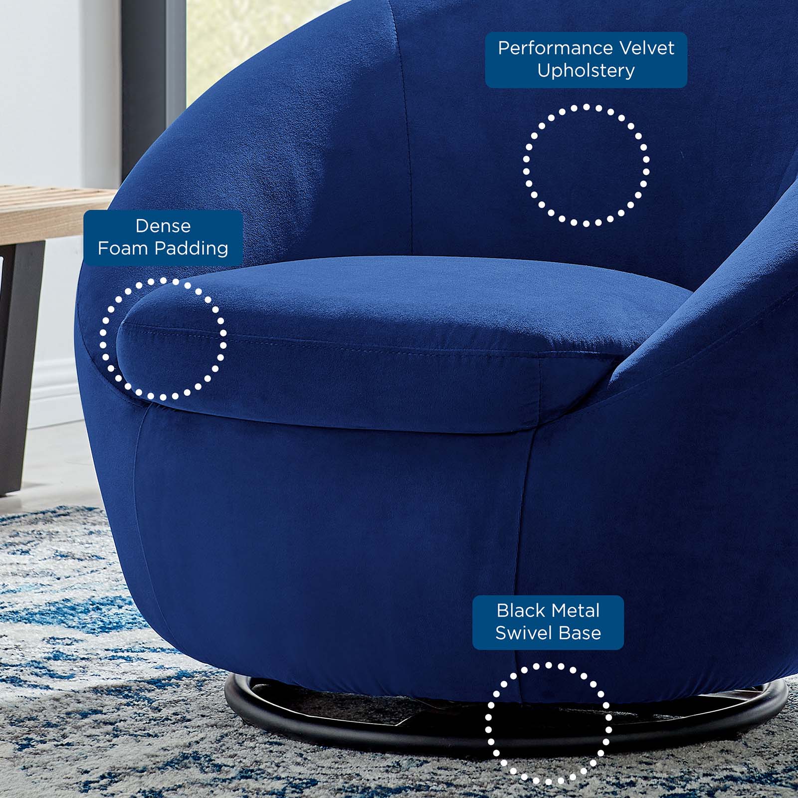 Modway Accent Chairs - Buttercup Performance Velvet Performance Velvet Swivel Chair Black Navy