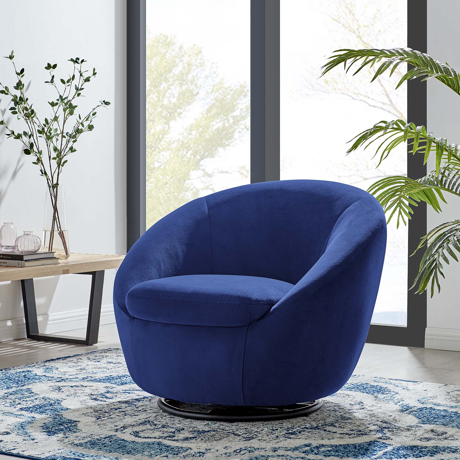 Modway Accent Chairs - Buttercup Performance Velvet Performance Velvet Swivel Chair Black Navy