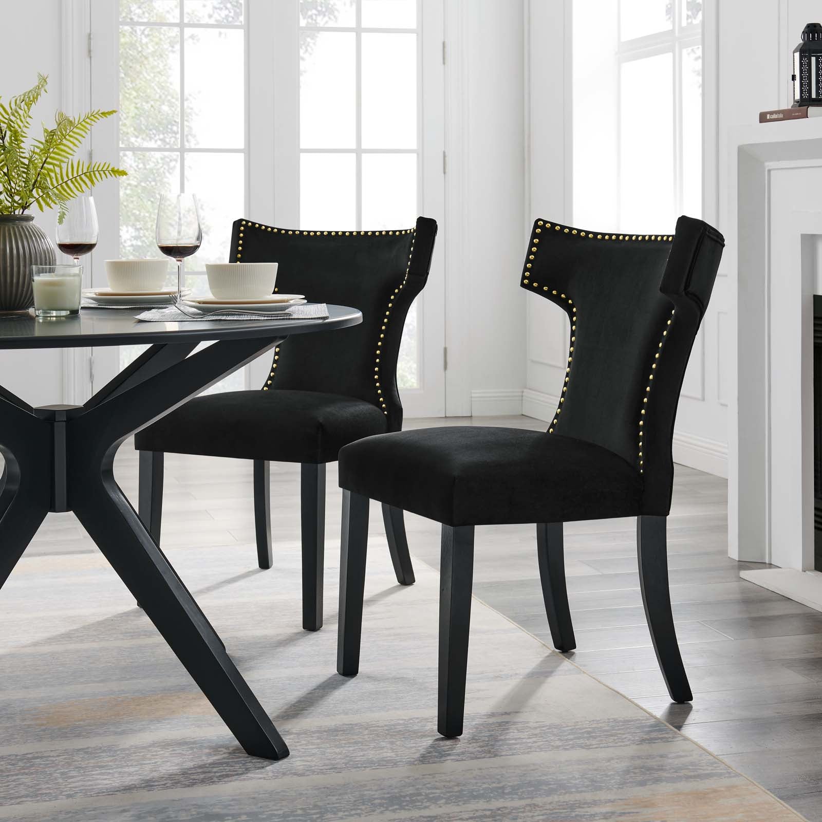 Modway Dining Chairs - Curve Performance Velvet Dining Chairs - Set of 2 Black
