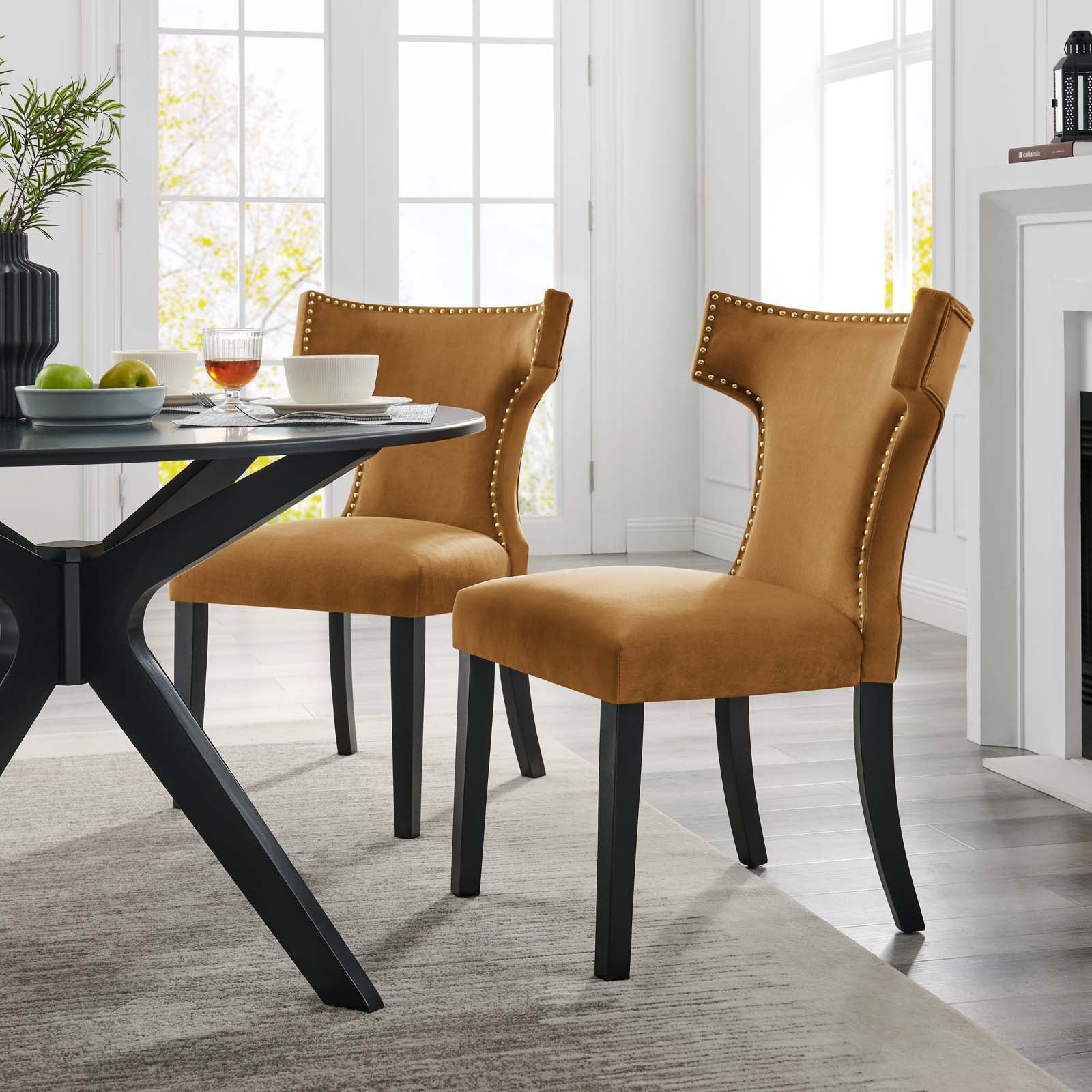 Modway Dining Chairs - Curve Performance Velvet Dining Chairs - Set of 2 Cognac