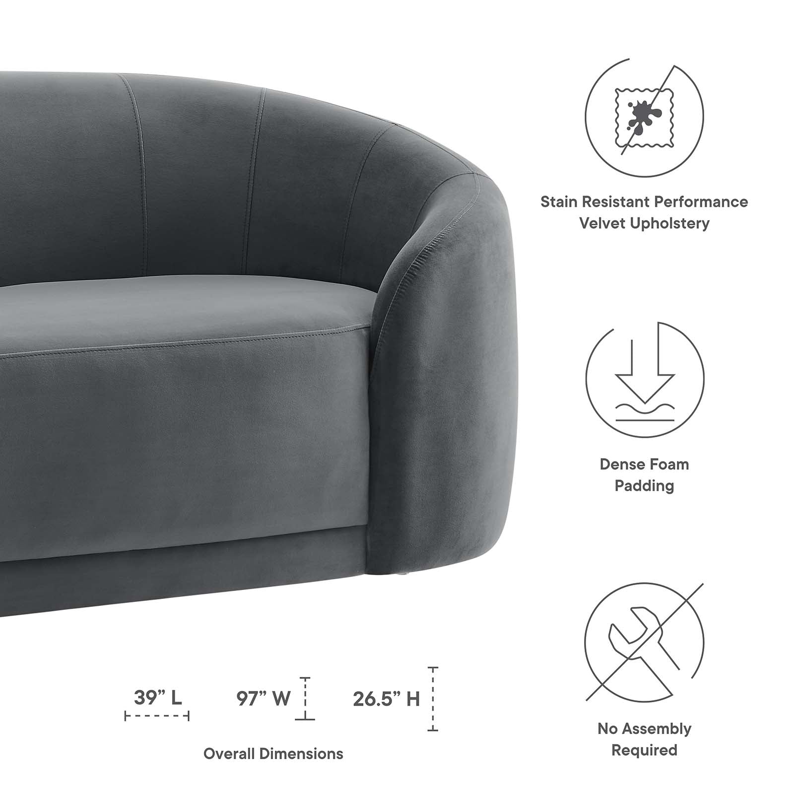 Modway Sofas & Couches - Contessa Performance Velvet Sofa Gray