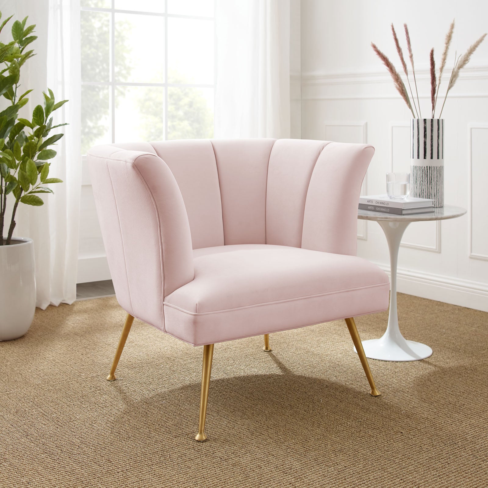 Modway Accent Chairs - Veronica-Channel-Tufted-Performance-Velvet-Armchair-Pink