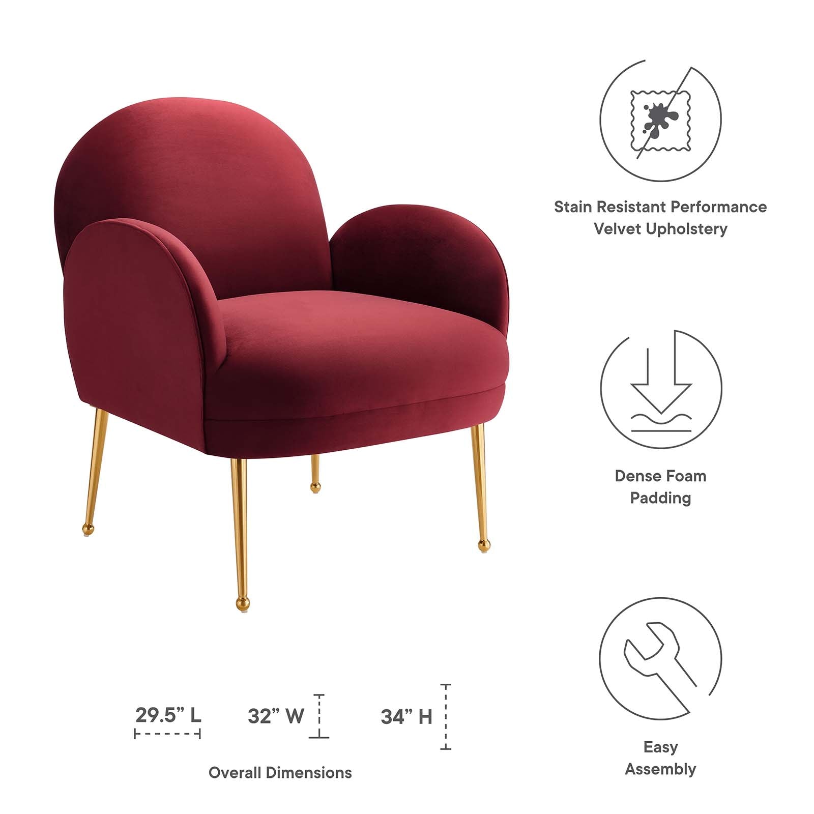 Modway Accent Chairs - Transcend Performance Velvet Armchair Maroon