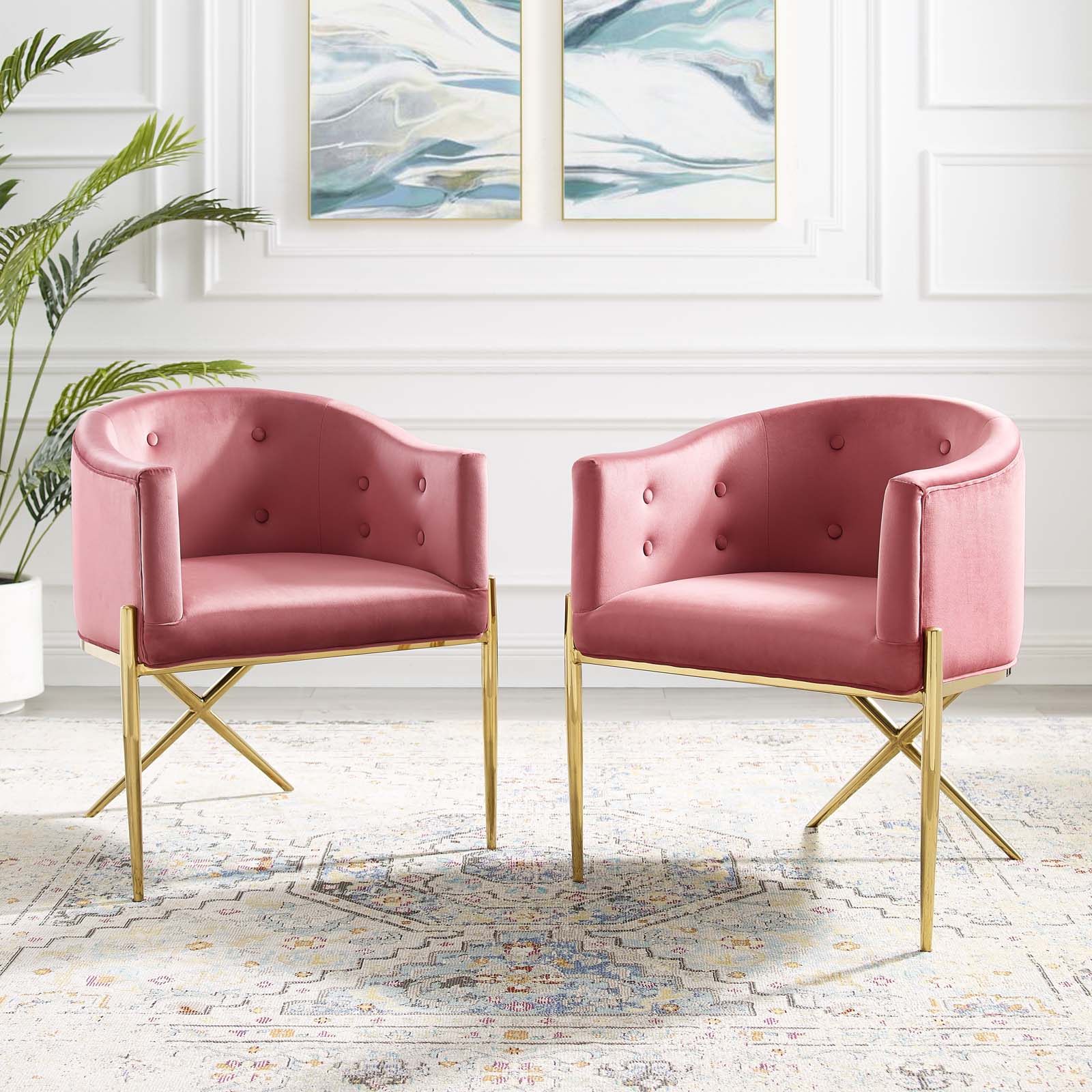 Modway Dining Chairs - Savour Accent Dining Armchair Performance Velvet Dusty Rose (Set of 2)