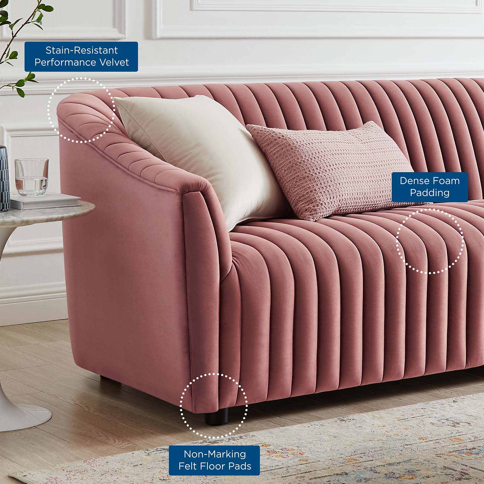 Modway Sofas & Couches - Announce Performance Velvet Channel Tufted Sofa Dusty Rose