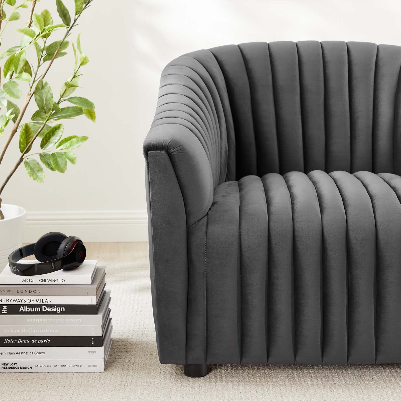 Modway Accent Chairs - Announce Performance Velvet Channel Tufted Armchair Charcoal