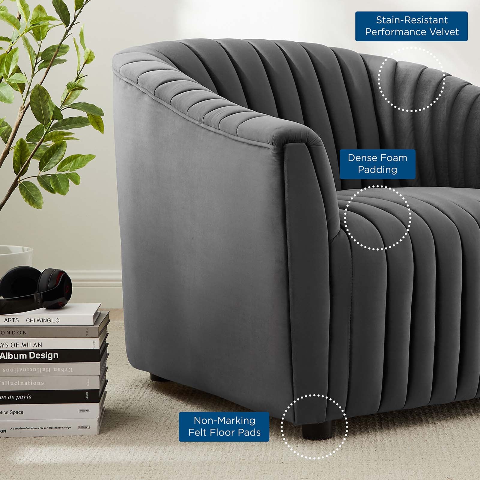 Modway Accent Chairs - Announce Performance Velvet Channel Tufted Armchair Charcoal