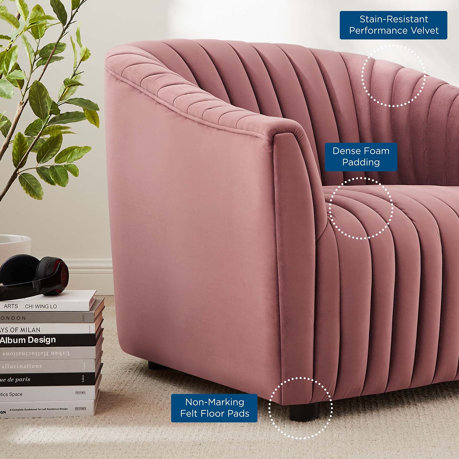 Modway Accent Chairs - Announce Performance Velvet Channel Tufted Armchair Dusty Rose