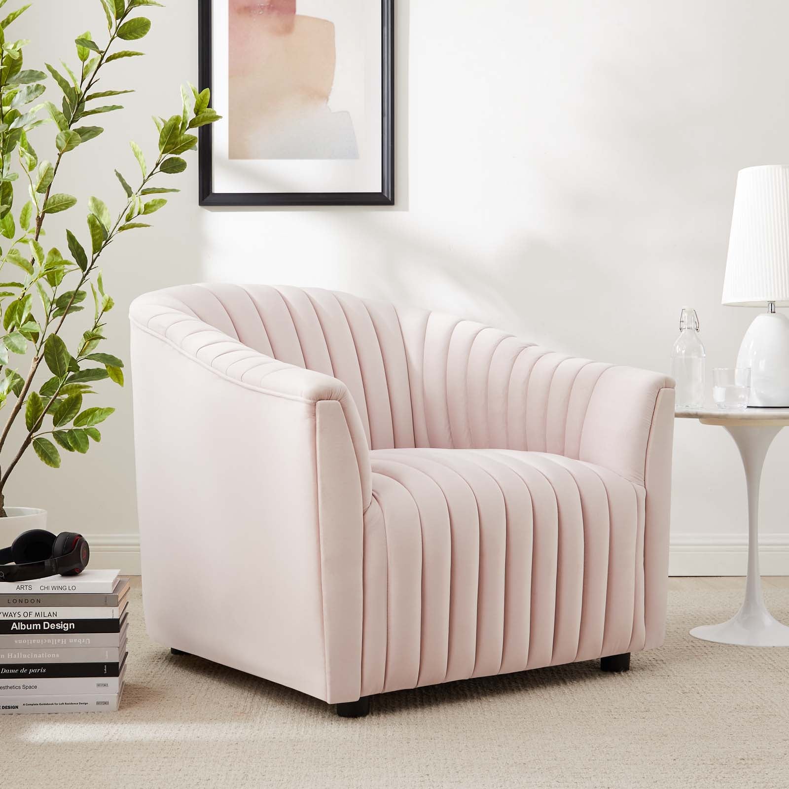 Modway Accent Chairs - Announce Performance Velvet Channel Tufted Armchair Pink
