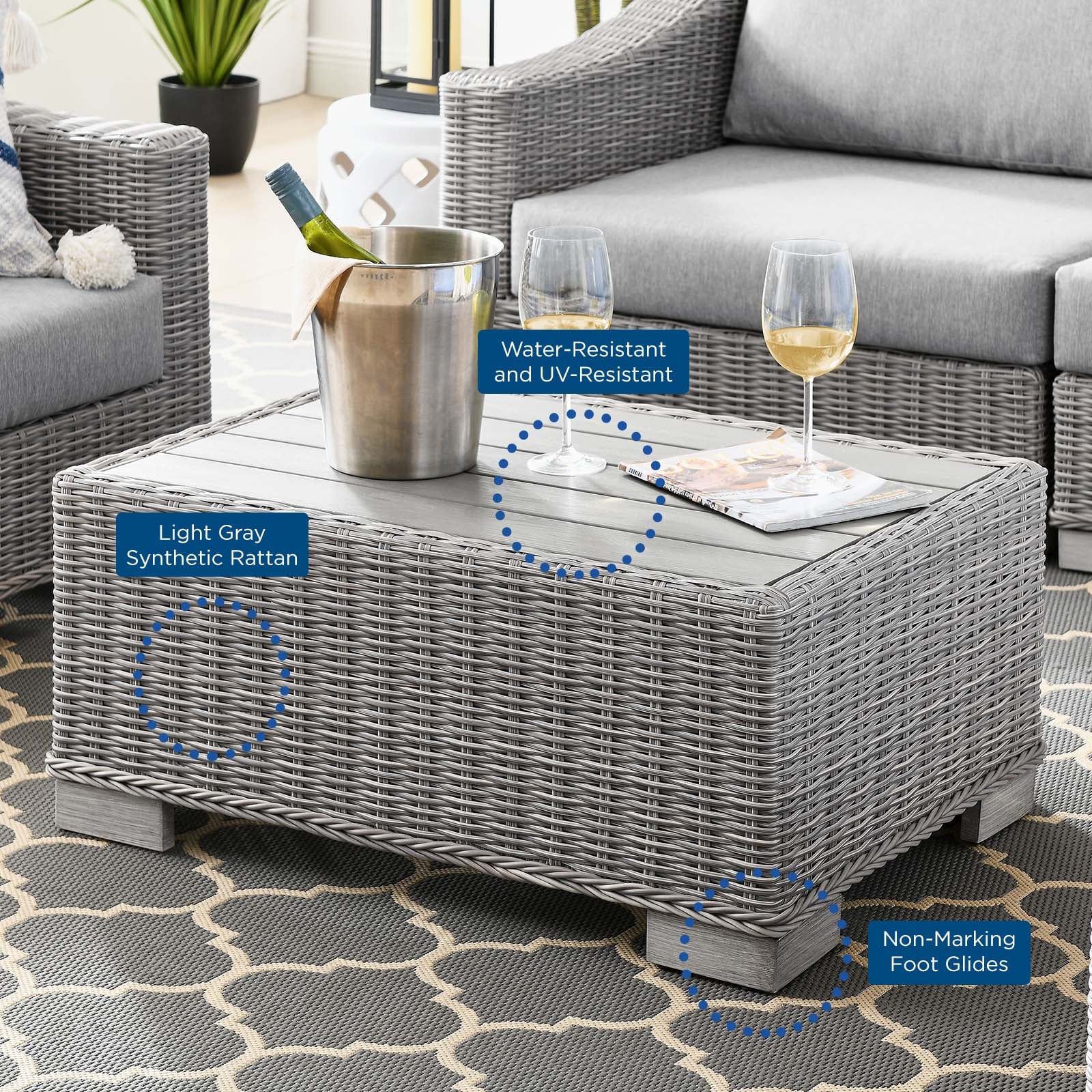 Modway Outdoor Conversation Sets - Conway 4 Piece Outdoor Patio Wicker Rattan Furniture Set Light Gray & Gray 150"