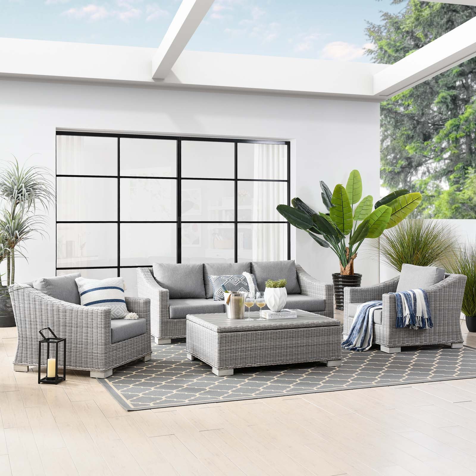 Modway Outdoor Conversation Sets - Conway 4 Piece Outdoor Patio Wicker Rattan Furniture Set Light Gray-EEI-5095-GRY