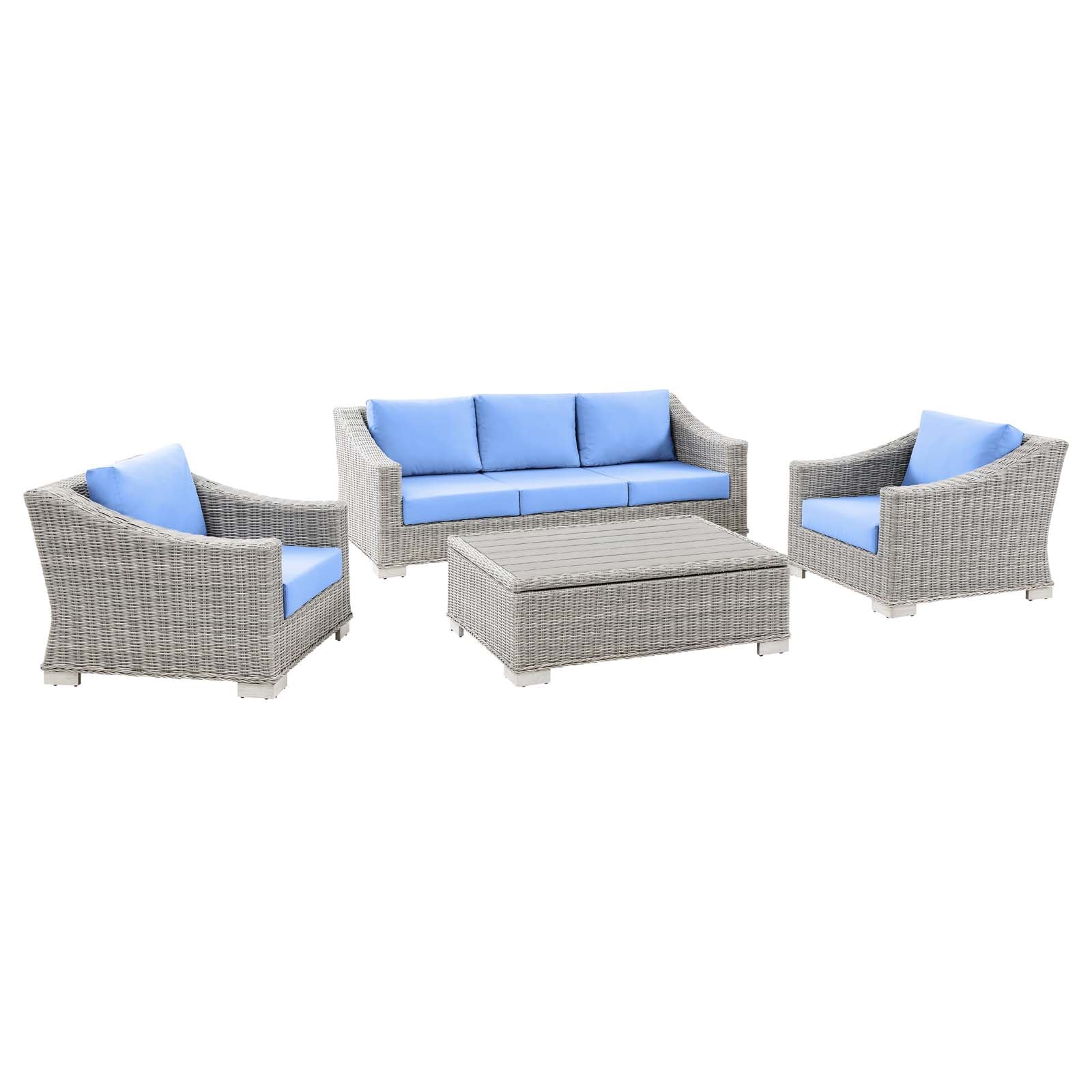 Modway Outdoor Conversation Sets - Conway 4 Piece Outdoor Patio Wicker Rattan Furniture Set Light Gray Light Blue