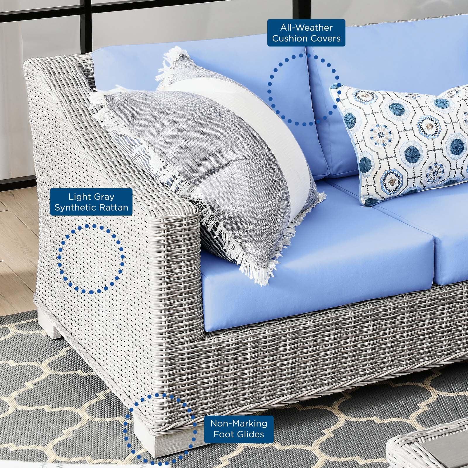 Modway Outdoor Conversation Sets - Conway 4 Piece Outdoor Patio Wicker Rattan Furniture Set Light Gray Light Blue