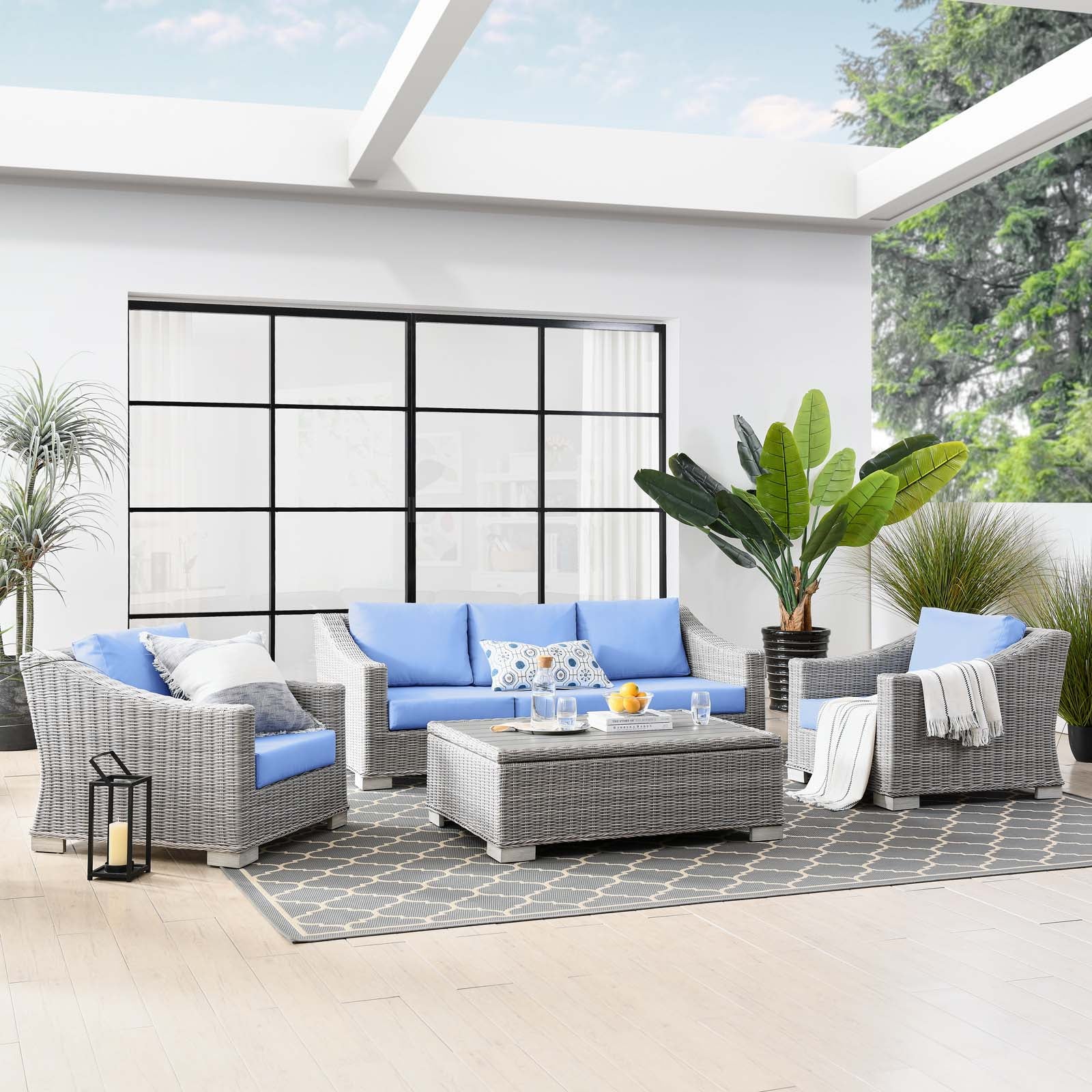 Modway Outdoor Conversation Sets - Conway 4 Piece Outdoor Patio Wicker Rattan Furniture Set Light Gray Light Blue