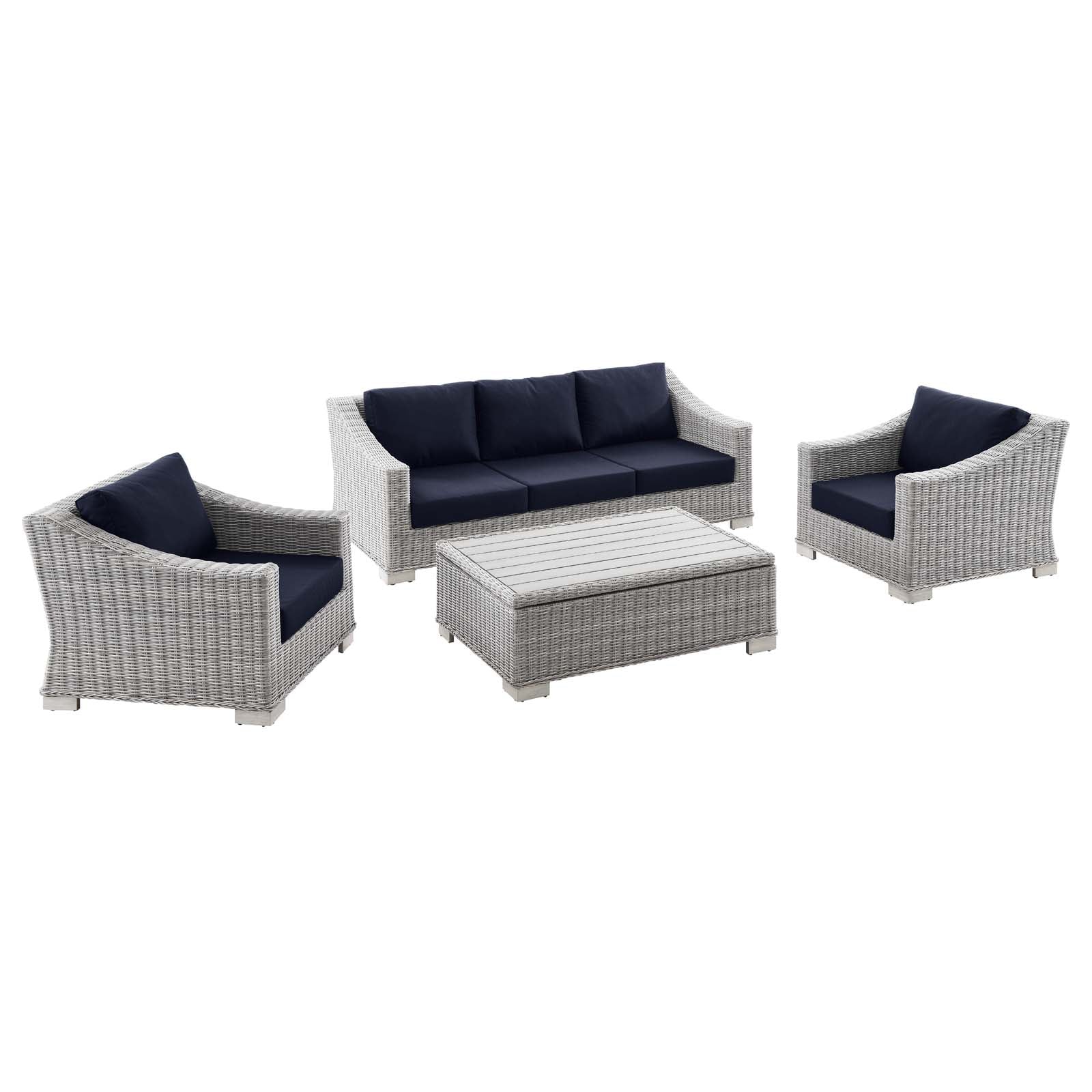 Modway Outdoor Conversation Sets - Conway 4 Piece Outdoor Patio Wicker Rattan Furniture Set Light Gray Navy