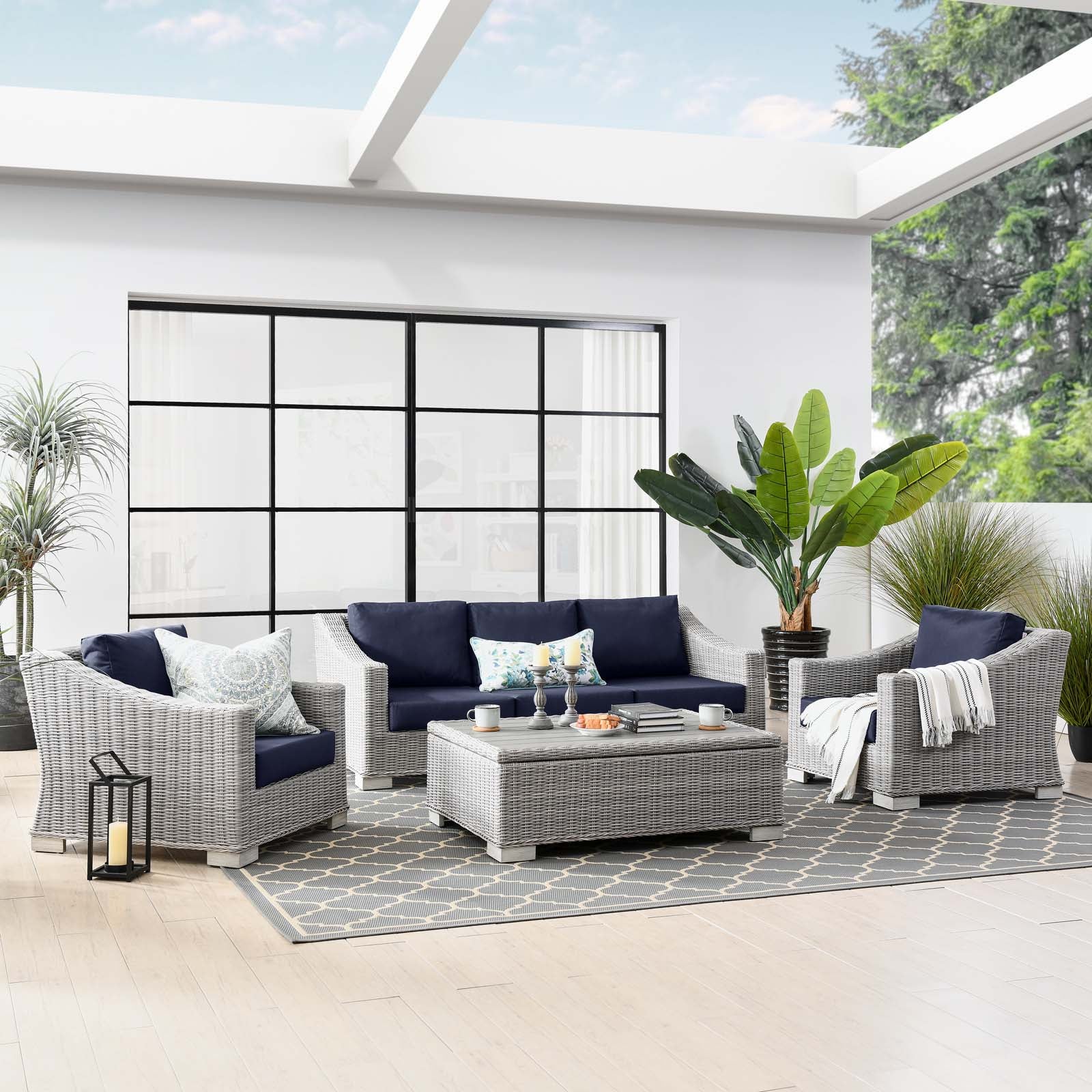 Modway Outdoor Conversation Sets - Conway 4 Piece Outdoor Patio Wicker Rattan Furniture Set Light Gray Navy